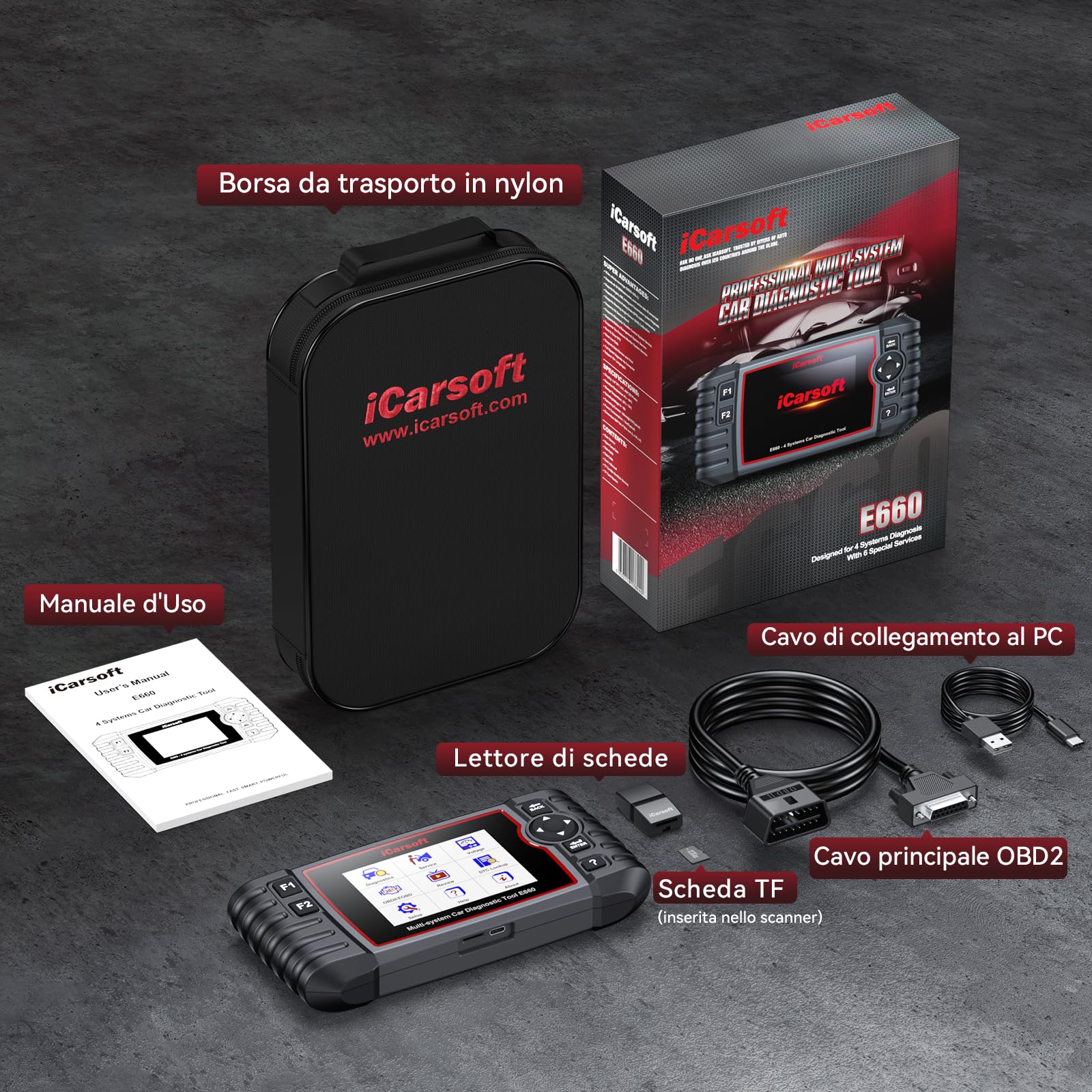 iCarsoft E660 OBD2 Auto Diagnostica, Diagnosi Auto Professionale in Italiano, Sistema Motore/ABS/SRS/Trasmissione, 6 Funzioni di Ripristino, Reset Olio/EPB/BMS/ETC/SAS/TPMS, Aggiornamento a Vita