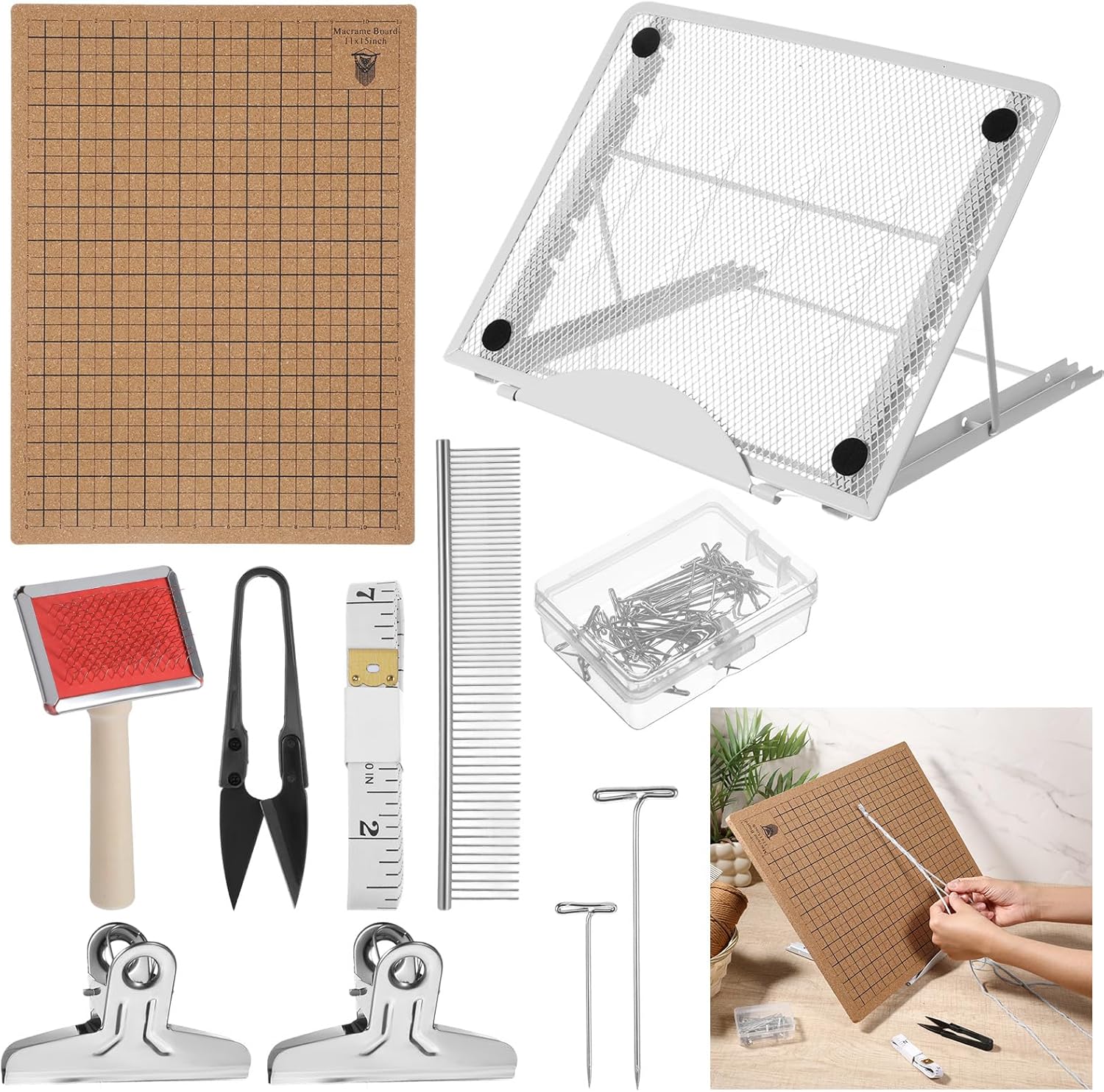 108 Pcs Macrame Supplies Include Macrame Board Metal Adjustable Holder with 100 T Shaped Pins Double Sided Grids Bracelet Making Board with Brush Scissor Ruler for Braiding Bracelet Creating