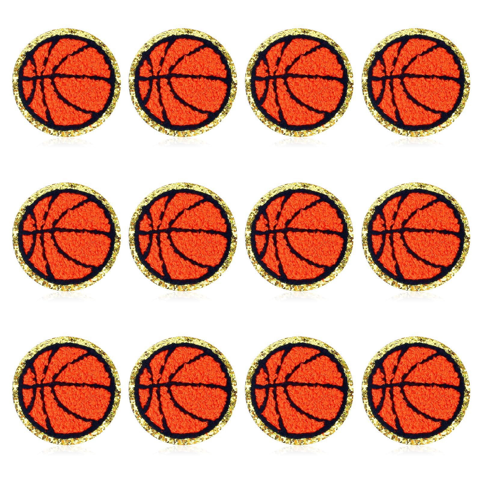 12 Pack Basketball Patches Gold Edges Chenille Patches Basketball Patches Iron On and Sew On Applique Sports Embroidered Patches Badge for Clothes Jeans Jacket Hat Dress Backpacks DIY Clothing Repair