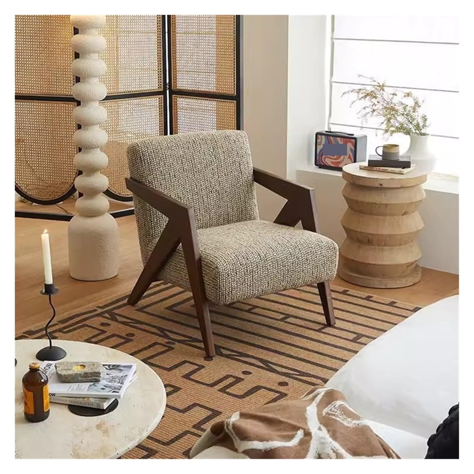 Poltrona moderna in legno massello, stile retrò, imbottita, per soggiorno, studio, balcone e esterni, per il tempo libero, in tessuto di cotone e lino, divano singolo