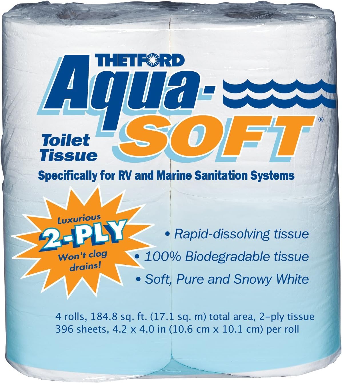 Aqua-Soft Toilet Tissue - Toilet Paper for RV and marine - 2-ply 4 Rolls Thetford 03300 (6 Pack)