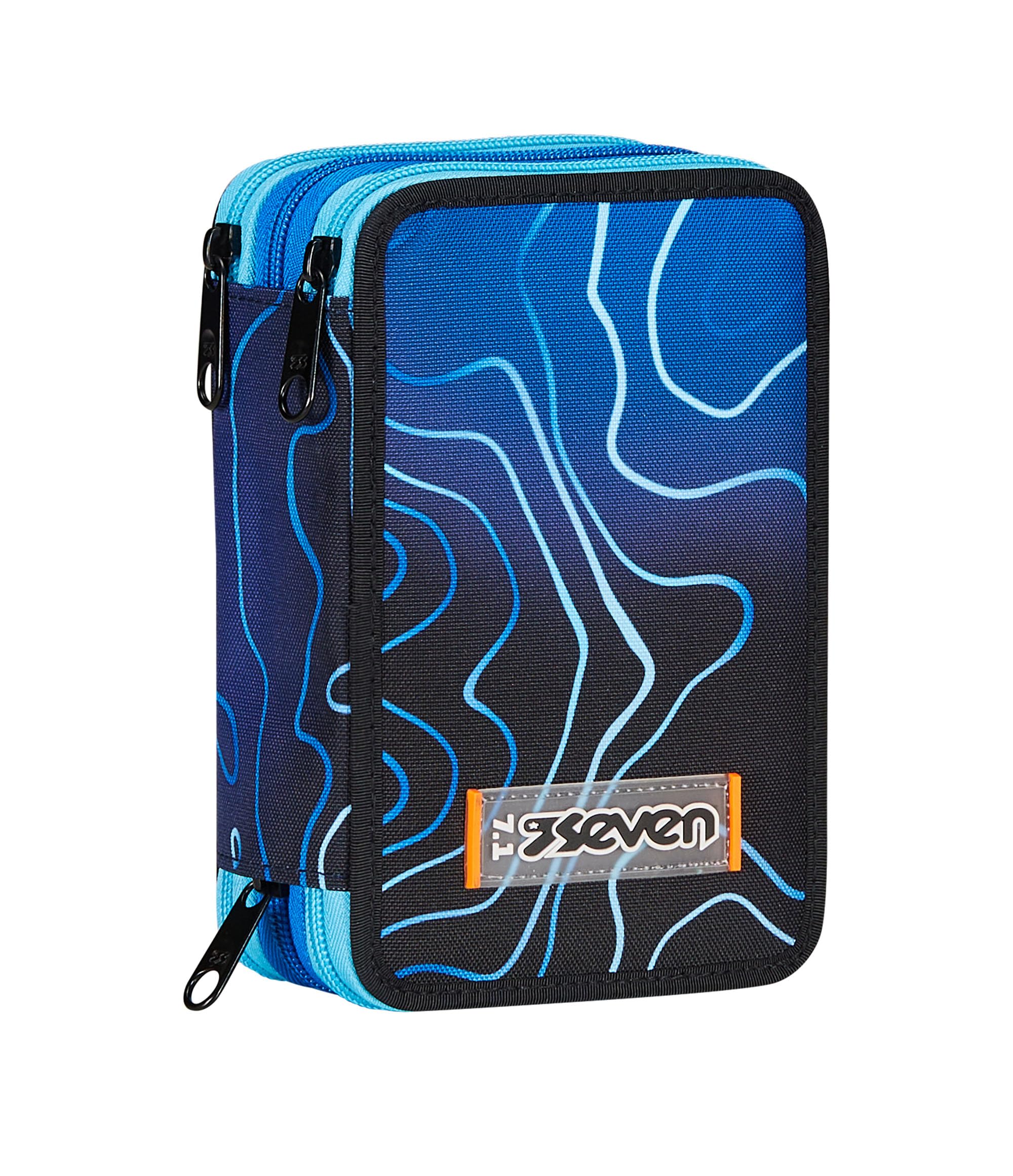 Seven Astuccio Scuola 3 Zip, Blue Deep, Mapset Boy, Portapenne Triplo Scomparto Completo Di Penne, Matite, Colori, Accessori Zaino, Elementari, Medie, Superiori, Ragazzo Ragazza