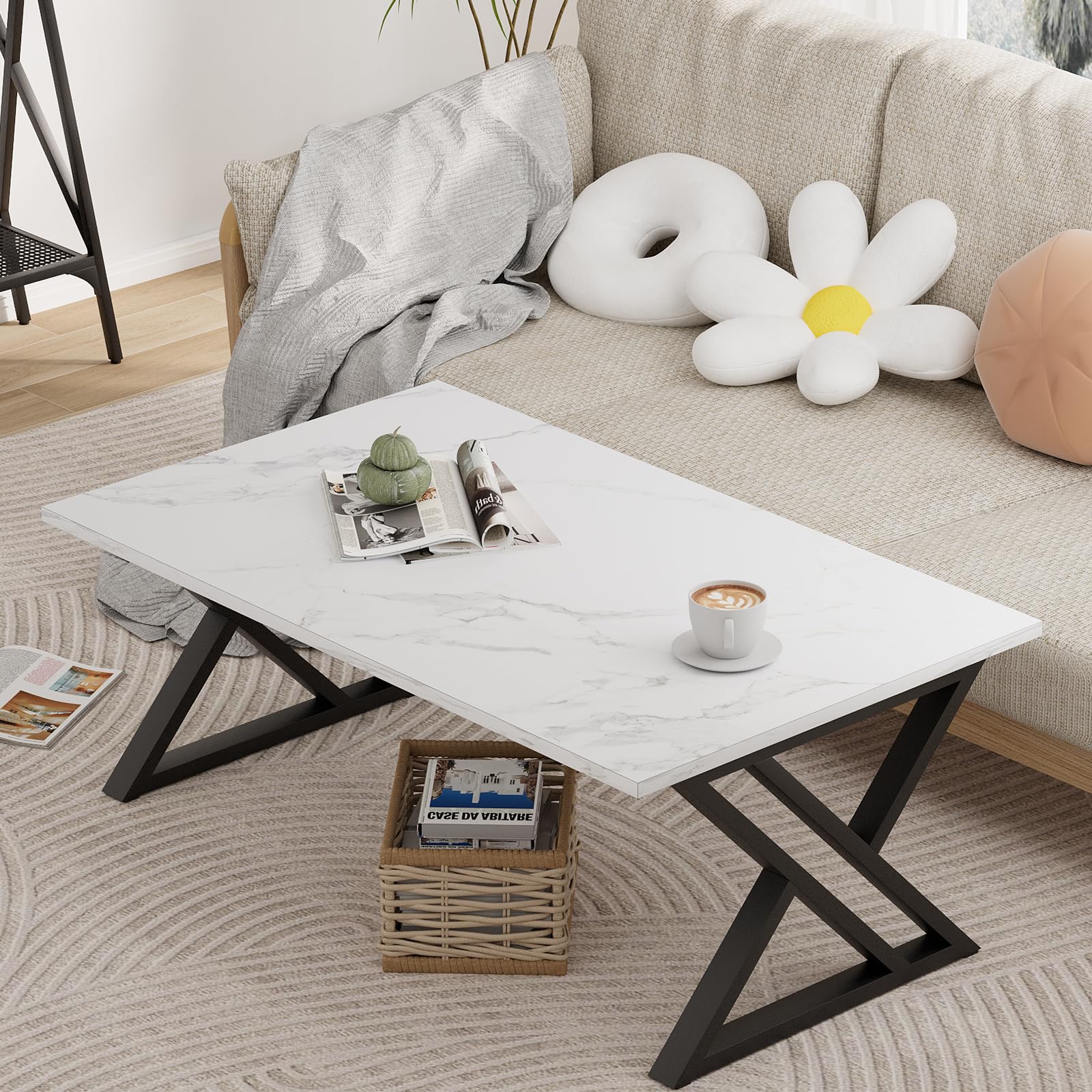 Table basse, table de salon, table basse en bois, table d'appoint pour salon, montage facile, baleines, espace de rangement ouvert, 100 x 48 x 55 cm, marbre blanc et noir