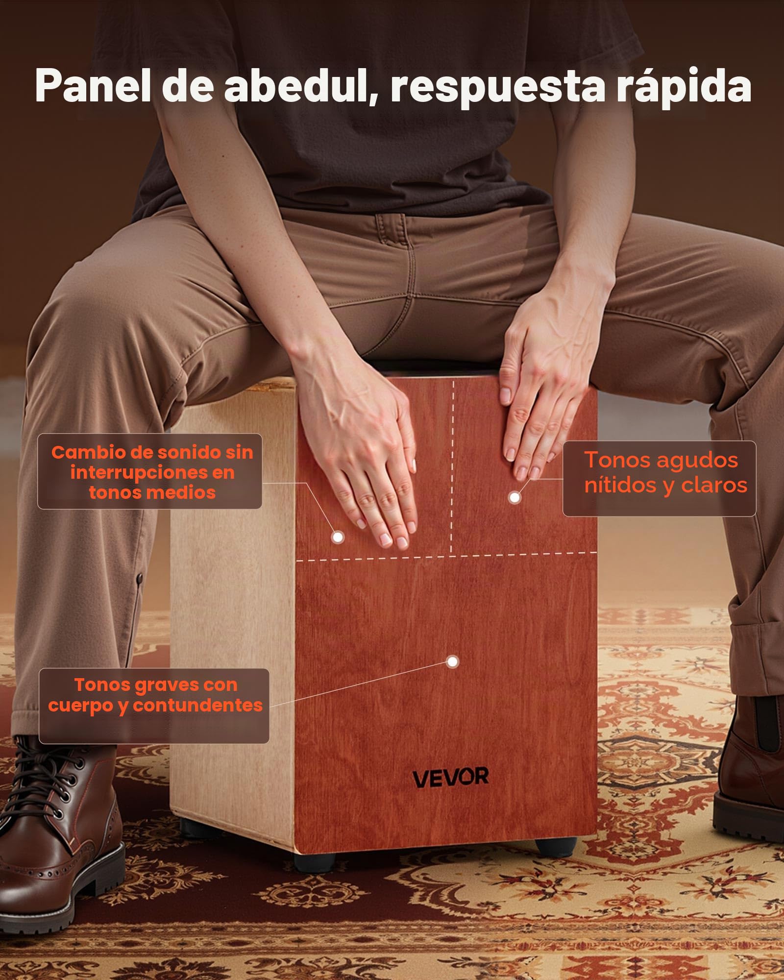 VEVOR Cajón de Percusión de Madera, Tambor Portátil Ligero de Madera de Abedul de 305 x 305 x 430 mm con Cuerdas de Guitarra Internas y Patas de Silicona para Principiantes y Profesionales