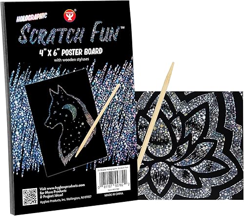 Hygloss Products Fun - Juego de arte negro mate para niños, incluye 100 papeles holográficos plateados, 4 x 6 pulgadas y 20 lápices de madera