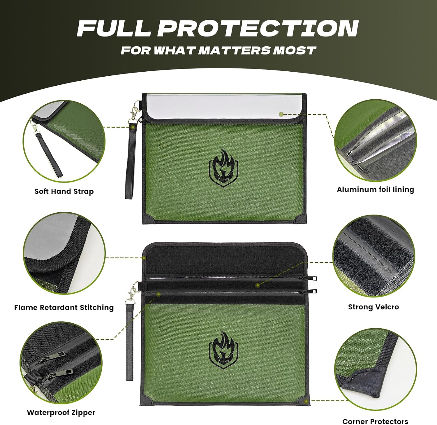 2 Pockets Fireproof Document Bag 6200°F, 10 Layers Waterproof Fireproof Money Bag for Cash with Reflective Strip, Heat Insulated Waterproof Document Holder Pouch, Fire Safe Storage (Green) - Image 6