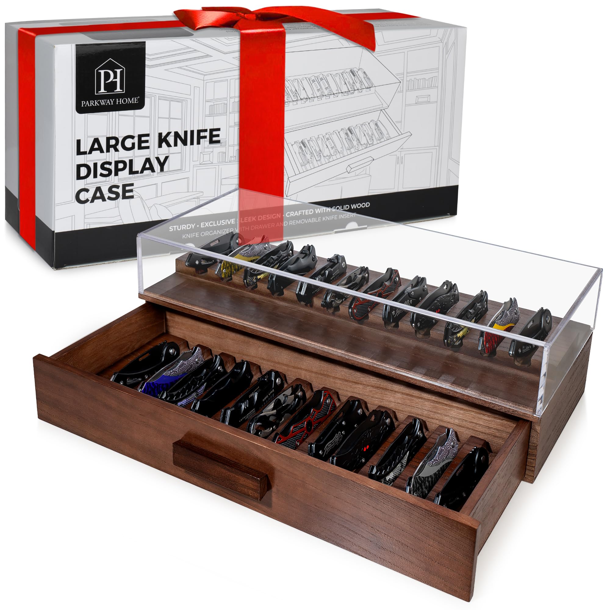 Large Pocket Knife Display Case for for 24 Knives - Wooden Knife Collection Case with Sturdy Clear Cover- Two-Tier Knife Cases for Collections with a Removable Drawer Insert for Other EDC Items
