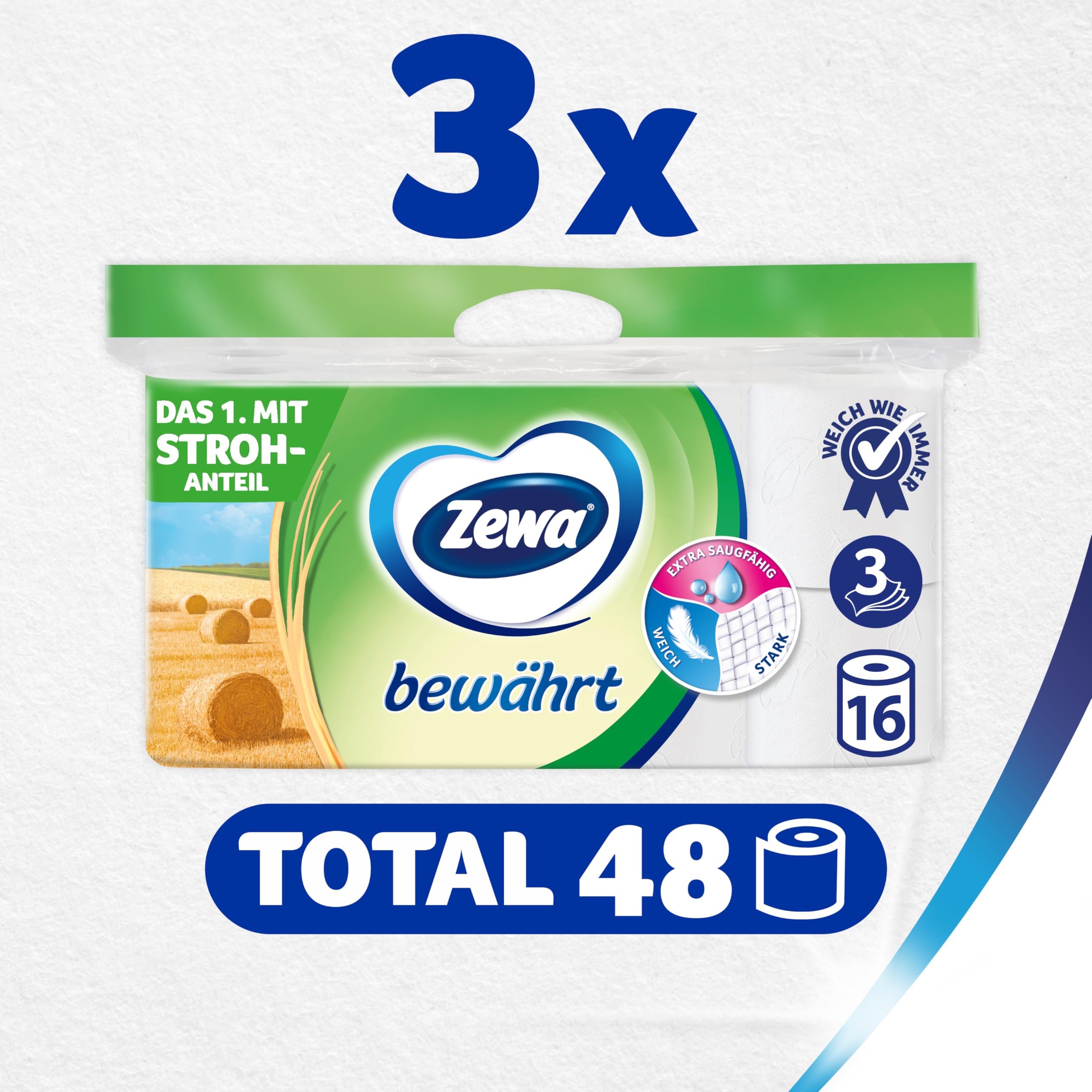 Zewa Toilettenpapier trocken bewährt, weiß, 3-lagig, 3er Pack (3 x 16 Stück)