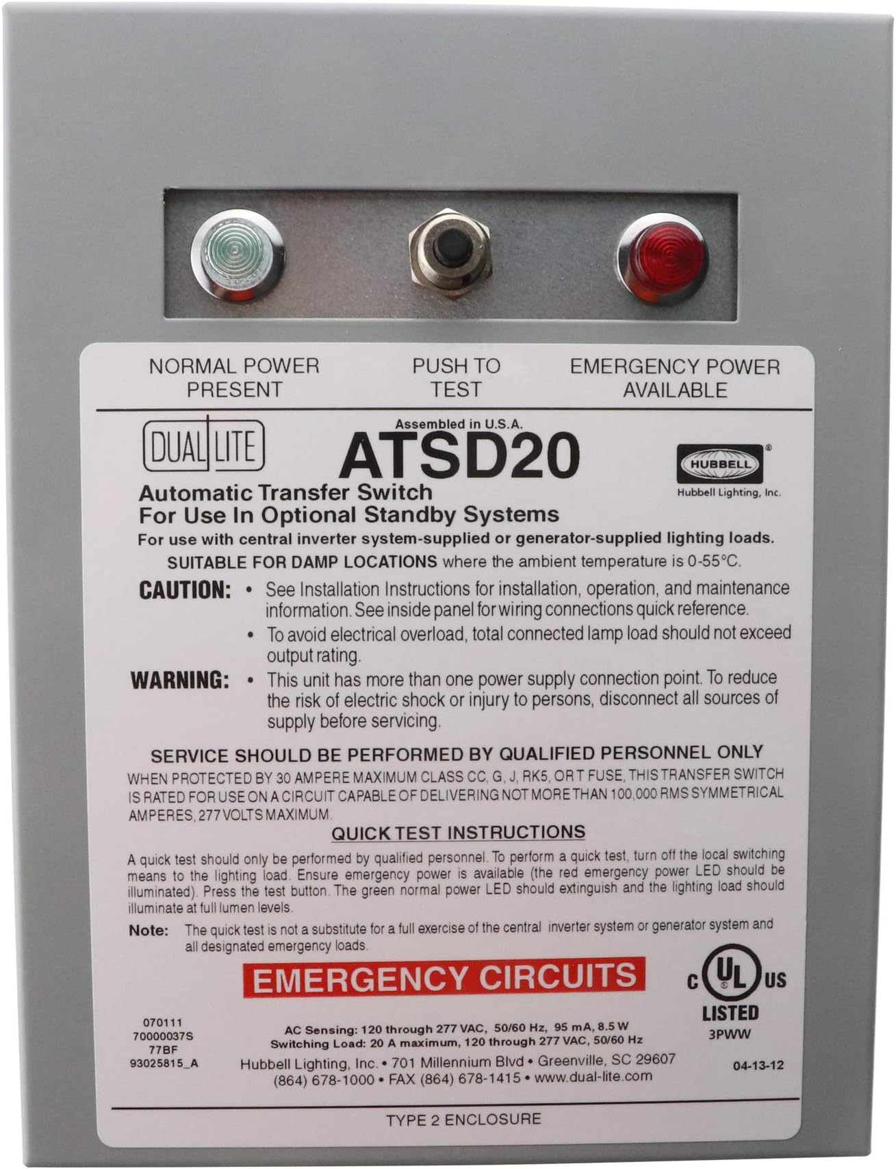 Hubbell Dual-Lite ATSD20 Emergency Lighting Transfer Switch Device, 20-Amp, 120/277-V