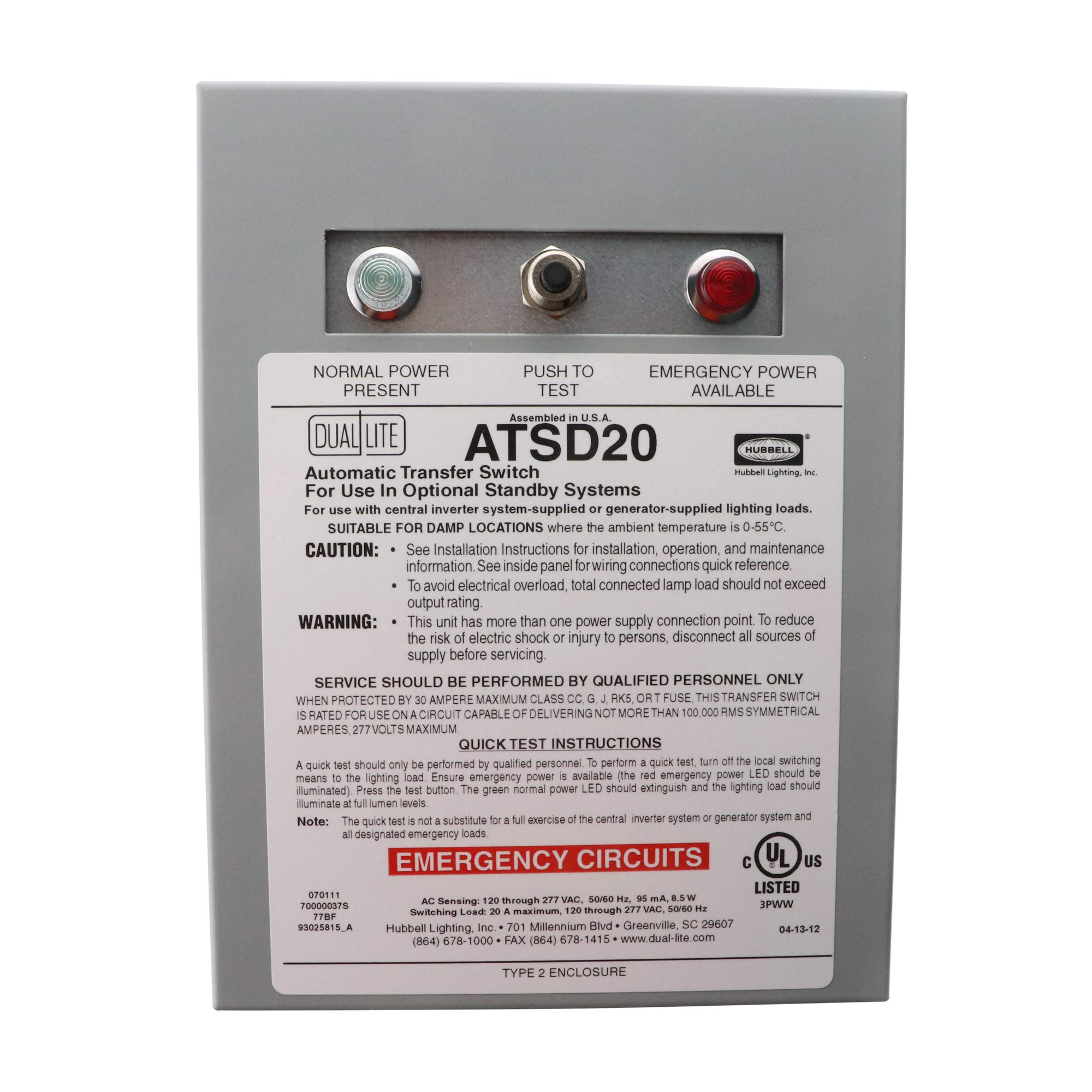Hubbell Dual-Lite ATSD20 Emergency Lighting Transfer Switch Device, 20-Amp, 120/277-V