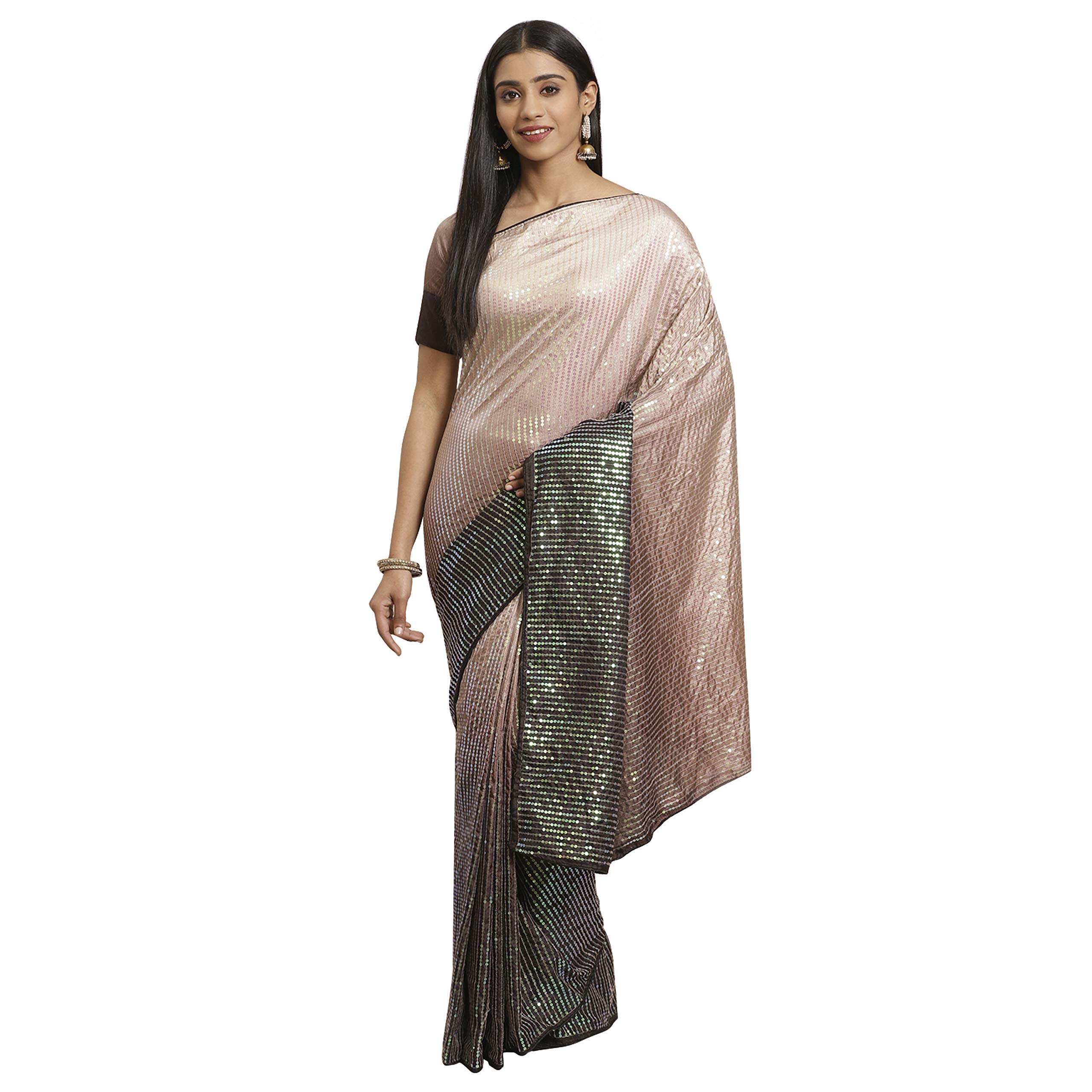 WomanistaWomen Taupe & Cream Shaded Art Silk Sequinns Embroidered Saree(TI1657_Taupe & Cream_Onesize), One Size