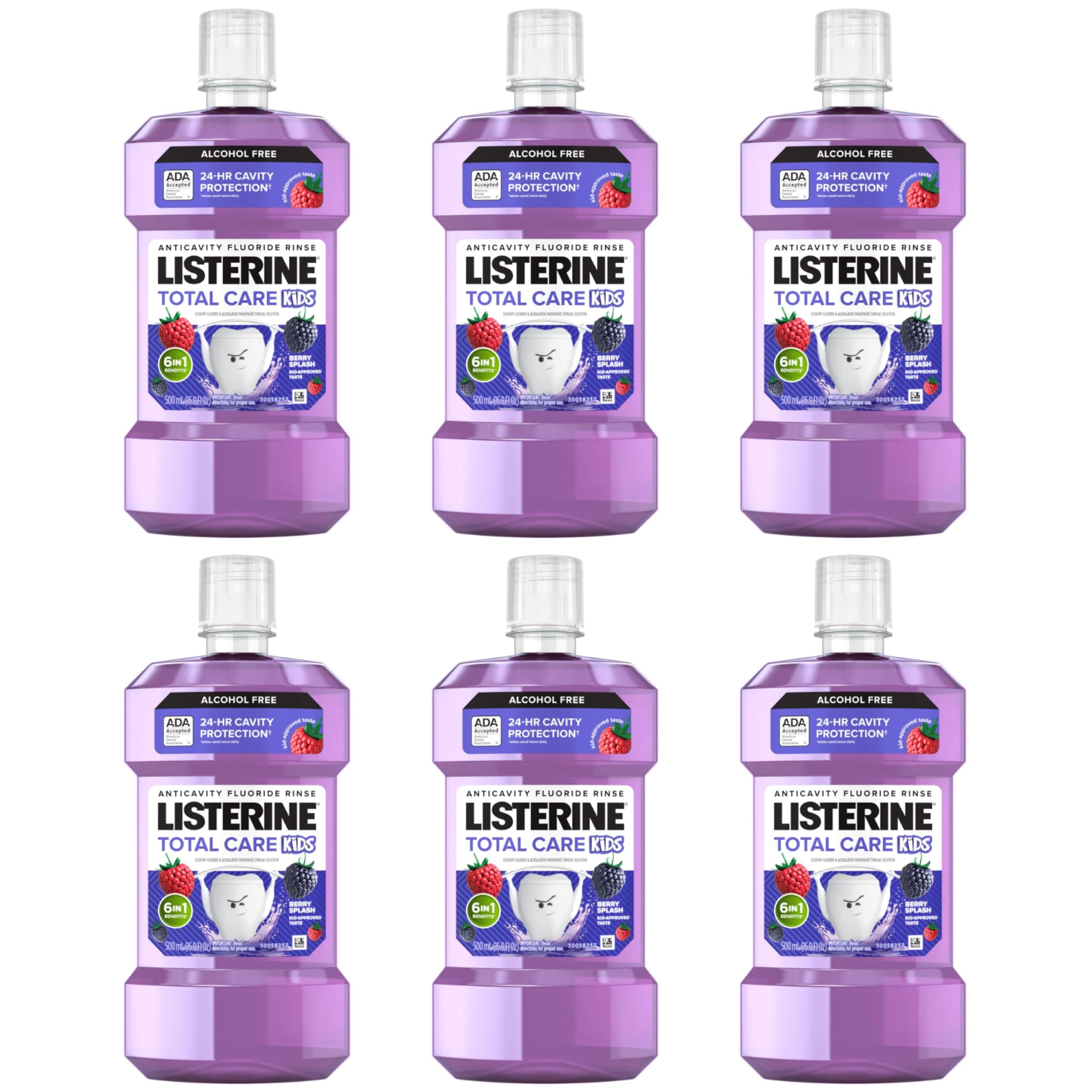 Listerine Total Care Kids Mouthwash, ADA Accepted, Alcohol-Free Anticavity Sodium Fluoride Mouthwash, Oral Rinse for Cavity Protection, Berry Splash Flavor for Kids Oral Care, 16.9 Oz, 6-Pack