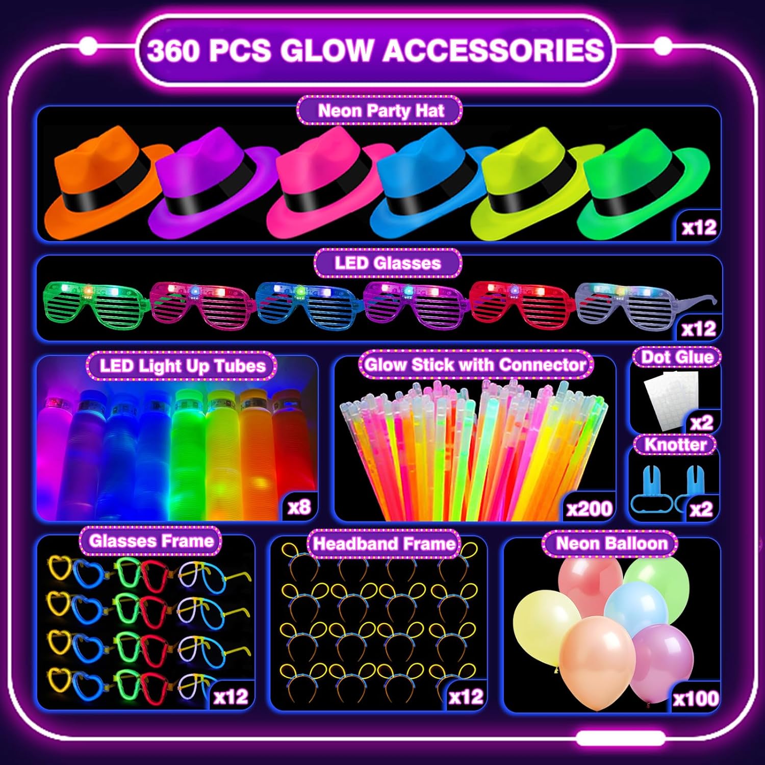 360PCS Glow in the Dark Party Supplies, Light Up Party Favors with Neon Hats, LED Glasses & Pop Tubes, Balloons, 200 Glow Sticks Light Up Accessories for Hora Loca Carnival 80's Neon Party Halloween