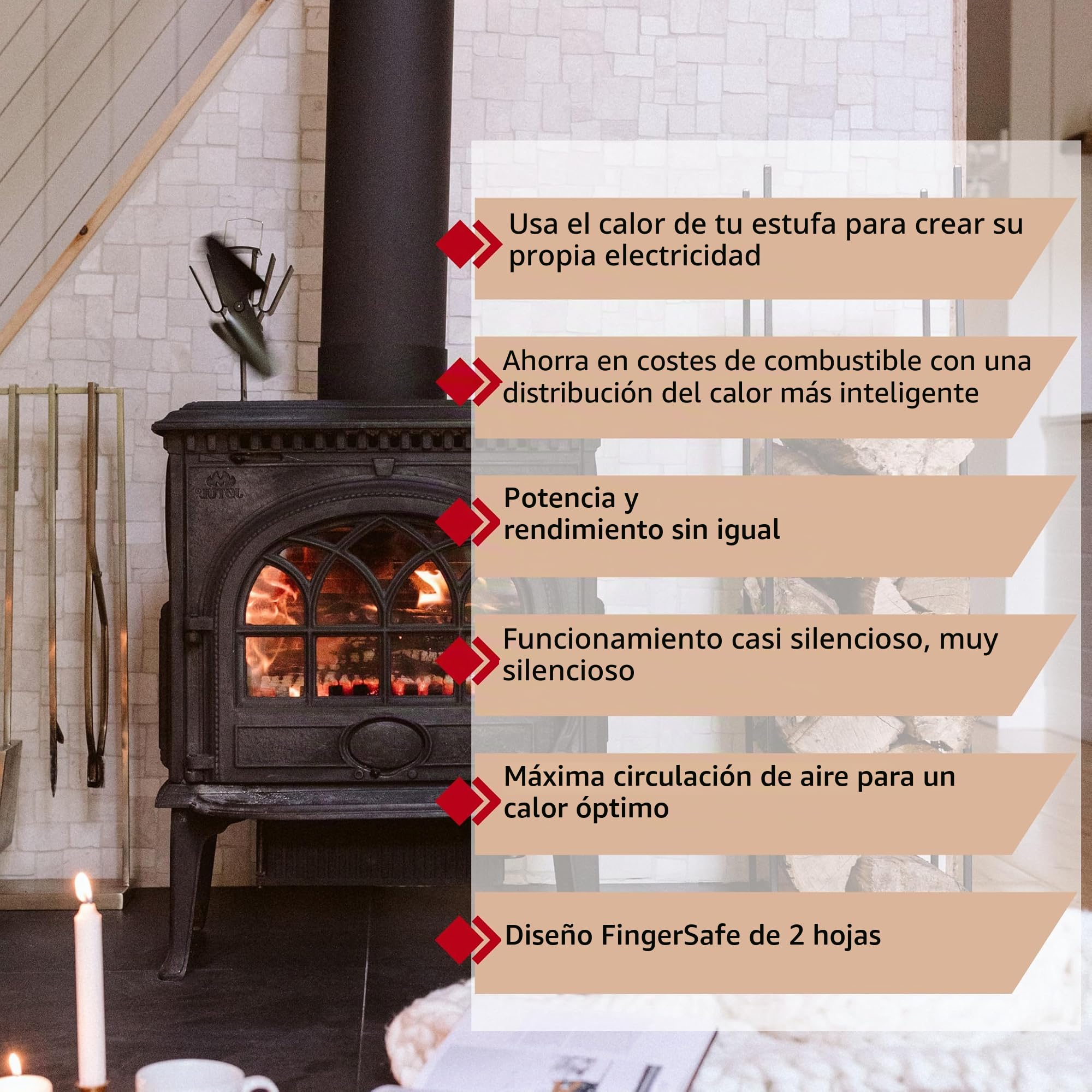 Ecofan 800CAXBX Ventilador de estufa de leña alimentado por calor, negro, bilingüe