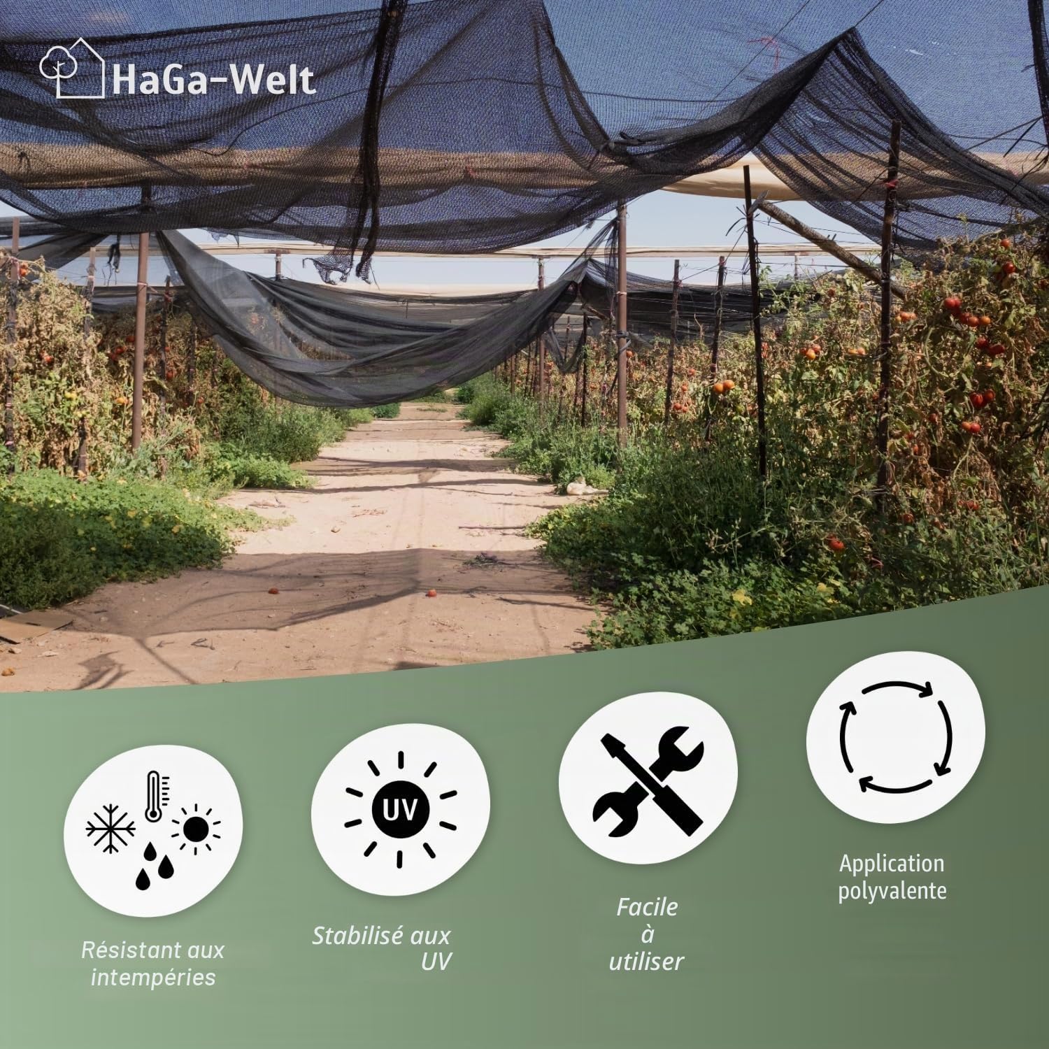 HAGA Filet d'ombrage 4 m x 5 m avec effet d'ombrage 60 % vert – Protection solaire pour clôture – occultant pour serre et potager – respirant