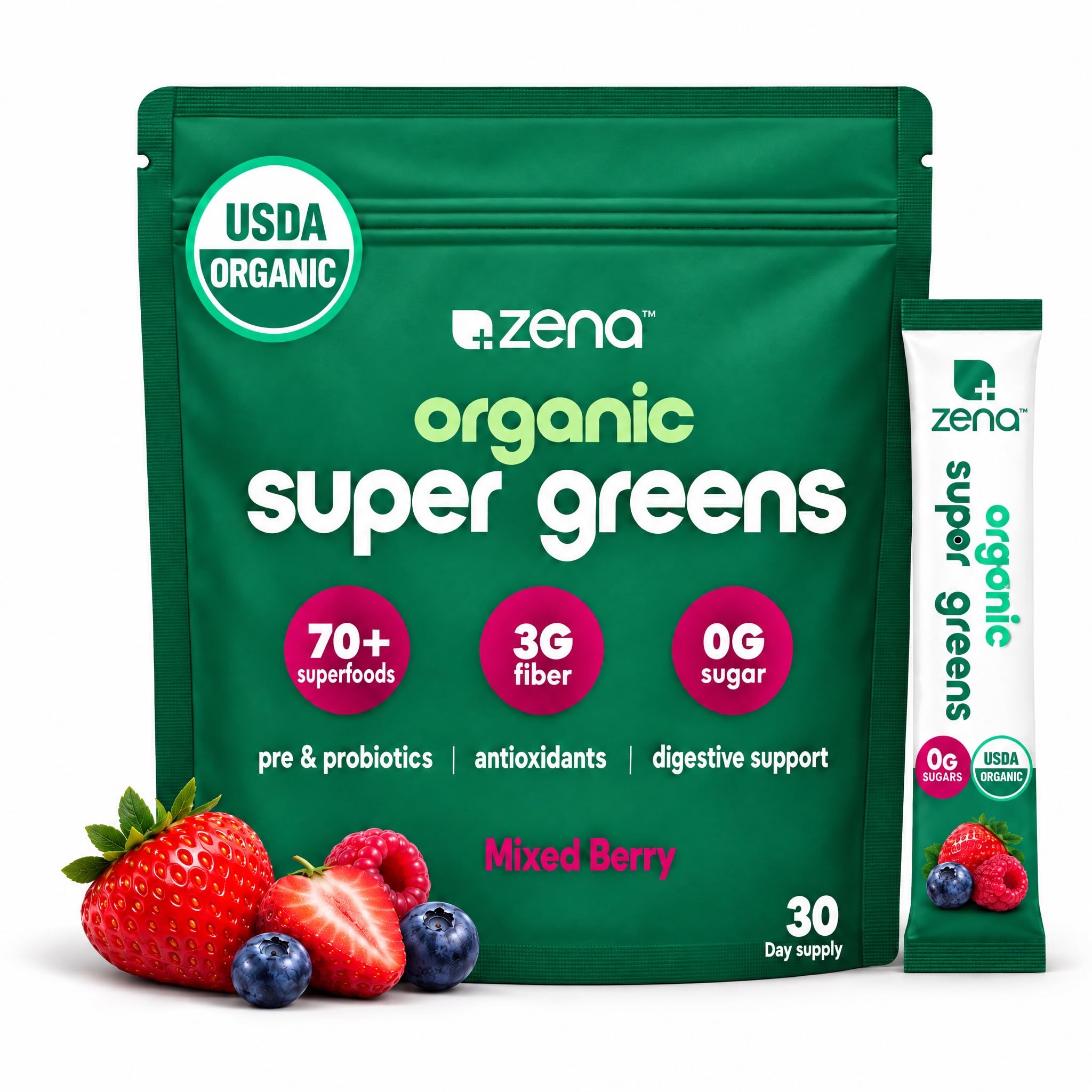 Zena Nutrition Organic Super Greens Powder, Mixed Berry, 30 Packets