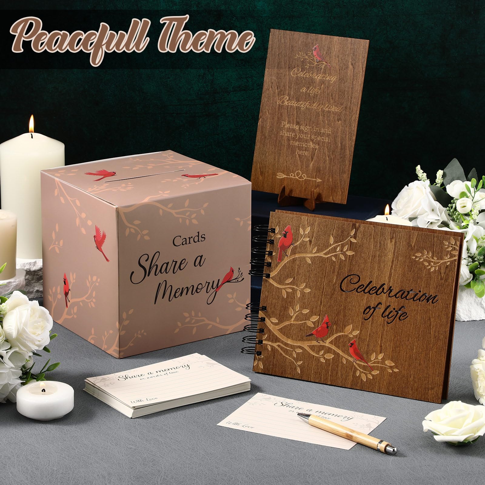 Engrowtic Juego de 64 libros de invitados funerarios de madera con diseño de cardenal para celebrar la vida por el servicio conmemorativo en memoria amorosa, 60 piezas de tarjetas de memoria, caja de