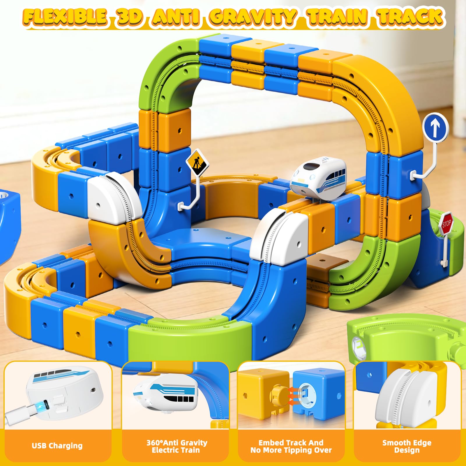 Tren Eléctrico Niños 225 Piezas (80 Vías + 2 Trenes) – Gran Pista Flexible 3D Antigravedad Circuito Tren Electrico, Juego de Construcción Stem DIY, Trenes Motorizados USB, Regalo 3-10 Años