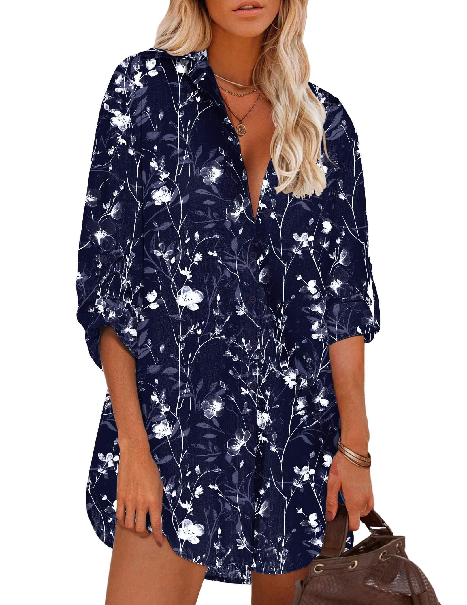 HOTOUCH Women Boyfriend Shirts Button Down Long Sleeve Blouse Cuffed Sleeve Collared Shirt