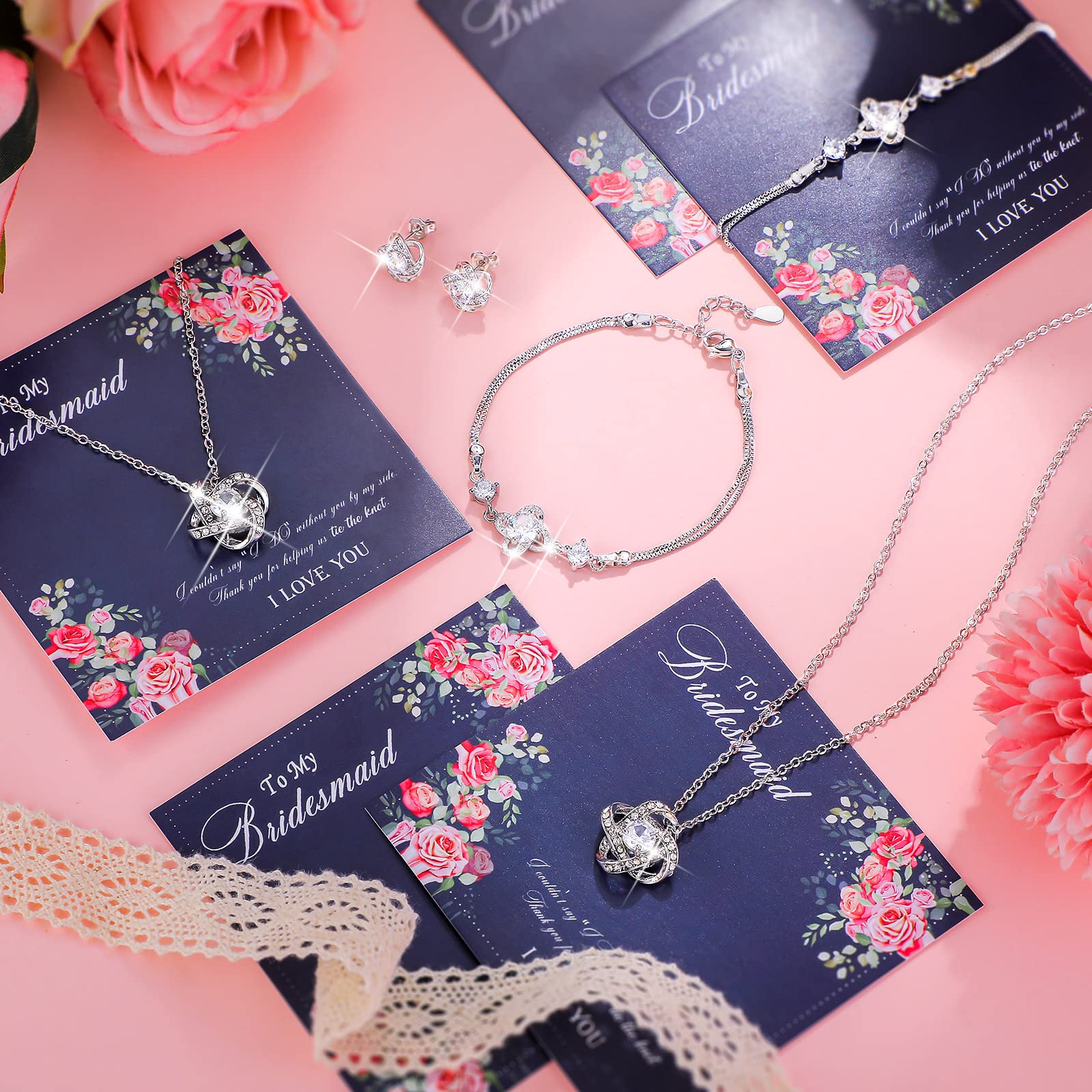 Yinkin 6 Bridesmaid Jewelry Sets Silver Wedding Jewelry Sets Will You Be My Bridesmaid Necklace Earrings Bracelet with Card Proposal Gift for Women Bridal Costume Accessories
