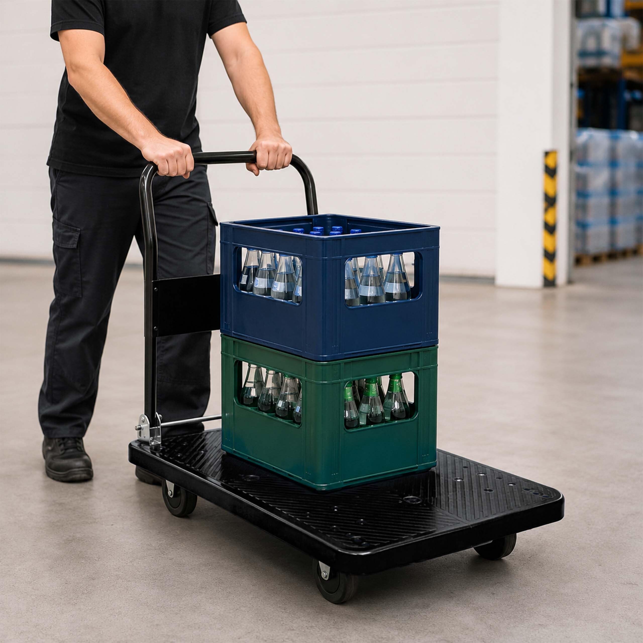 Relaxdays Carro de transporte hasta 300 kg, plegable, plataforma XL, negro | Asa, 2 ruedas giratorias