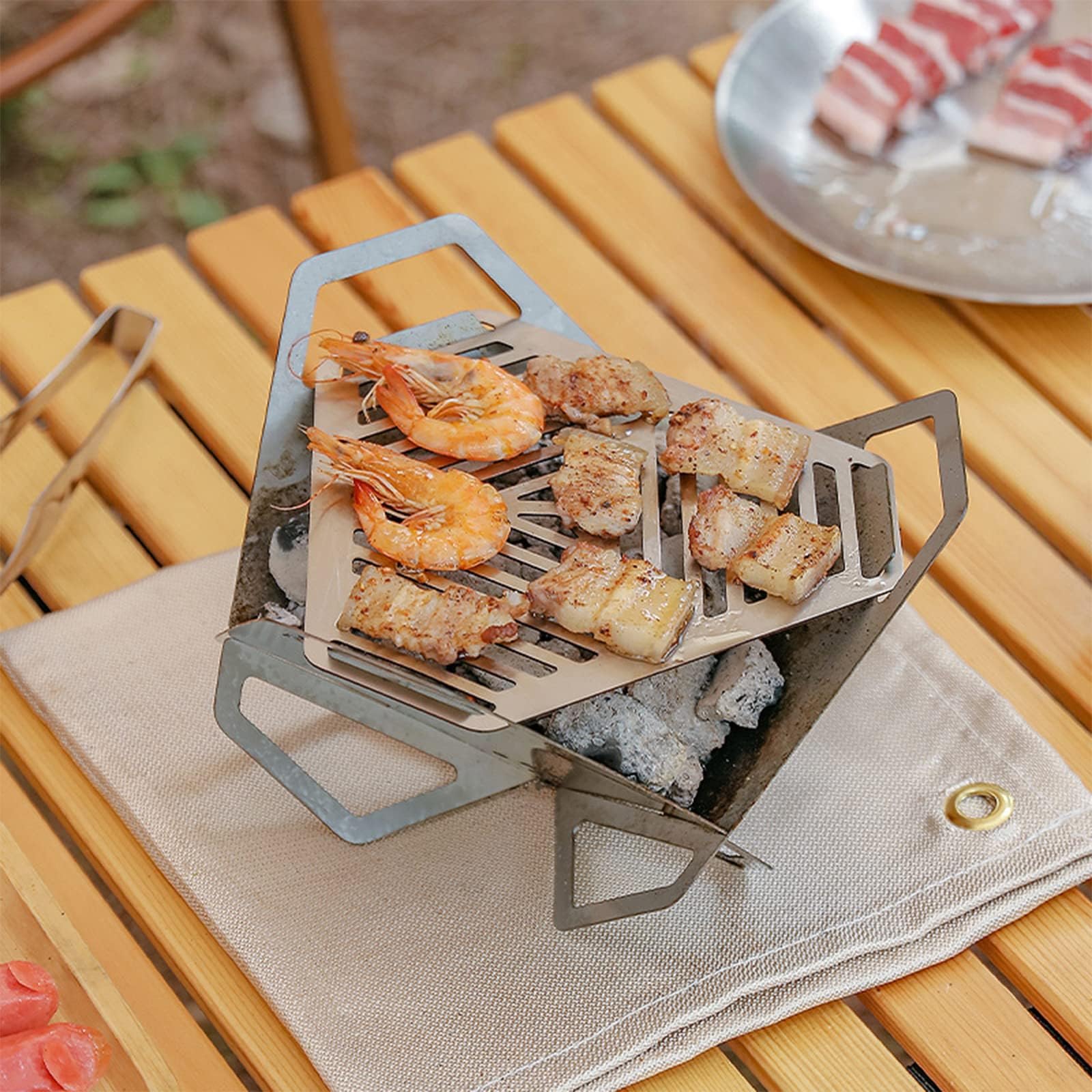 Estufa plegable de camping | Parrilla portátil de acero inoxidable para madera y carbón | Barbacoa compacta con bolsa de almacenamiento para mochileros, senderismo, viajes