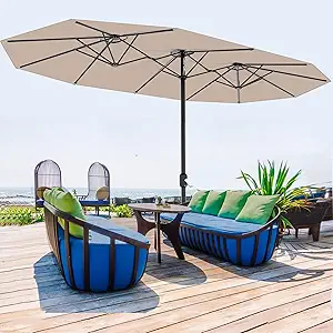 13FT umbrella outdoor patio,Double-Sided Rectangle Umbrella Oversized Shade for 2-6 People, Fade Resistant Canopy for Deck Pool Garden Backyard (Light Brown, 13FT)