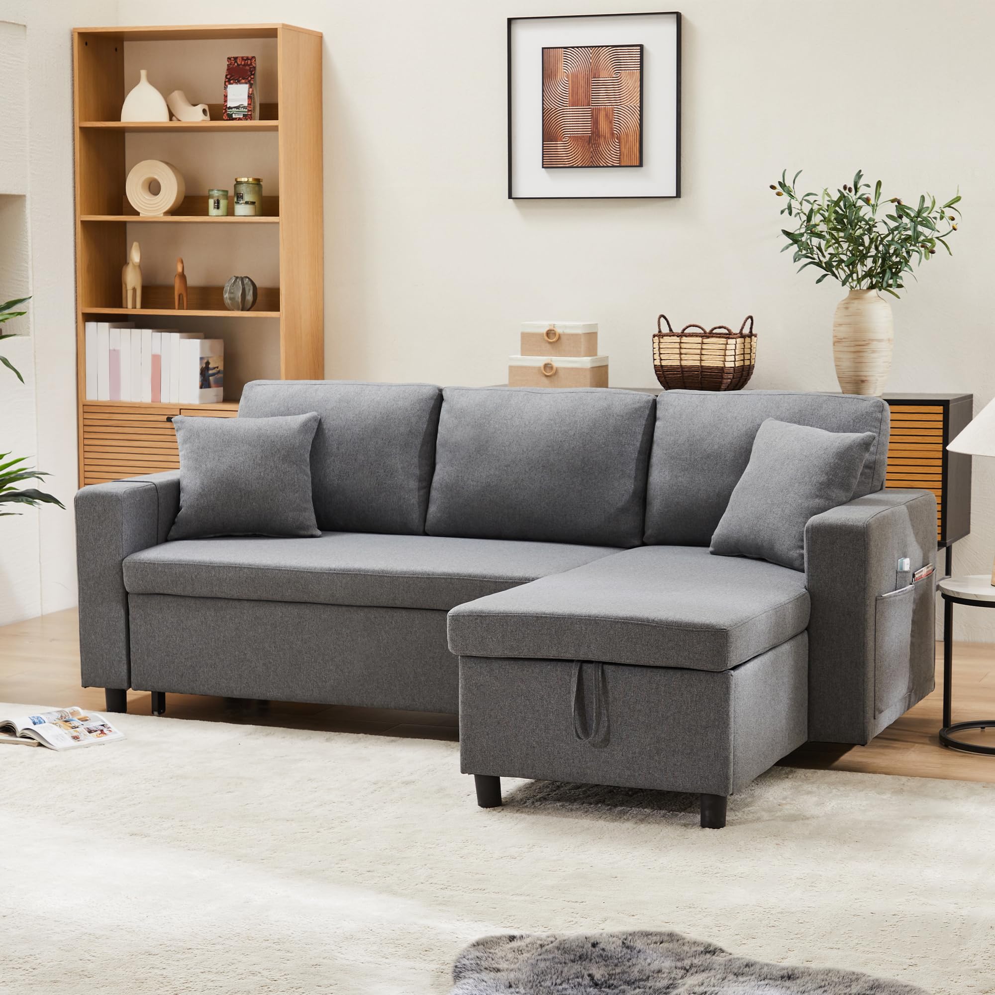 Divano a forma di L con funzione di sonno, divano ad angolo, chaise longue con spazio di archiviazione, per soggiorno, appartamento, ufficio, divano letto, allungabile, grigio scuro