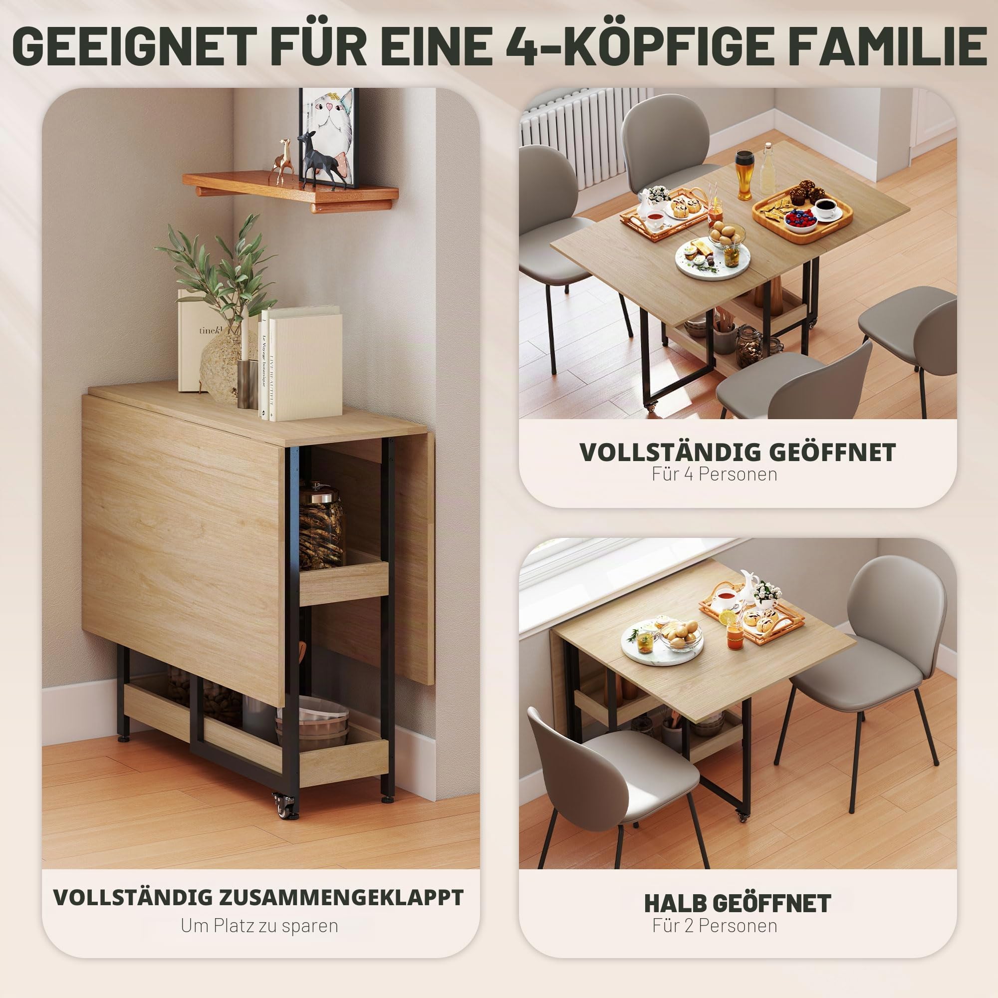 HOMCOM Klappbarer ausziehbarer Esstisch auf Rollen für 4 Eiche