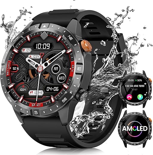 2024 Reloj Inteligente Hombre, 1.43" AMOLED Smartwatch con Llamadas, 24/7 Pulsómetro SpO2, Monitor de Sueño, Podómetro, 450mAh IP68 Impermeable Pulsera Actividad 70+ Modos Deportivos Android iOS Negro