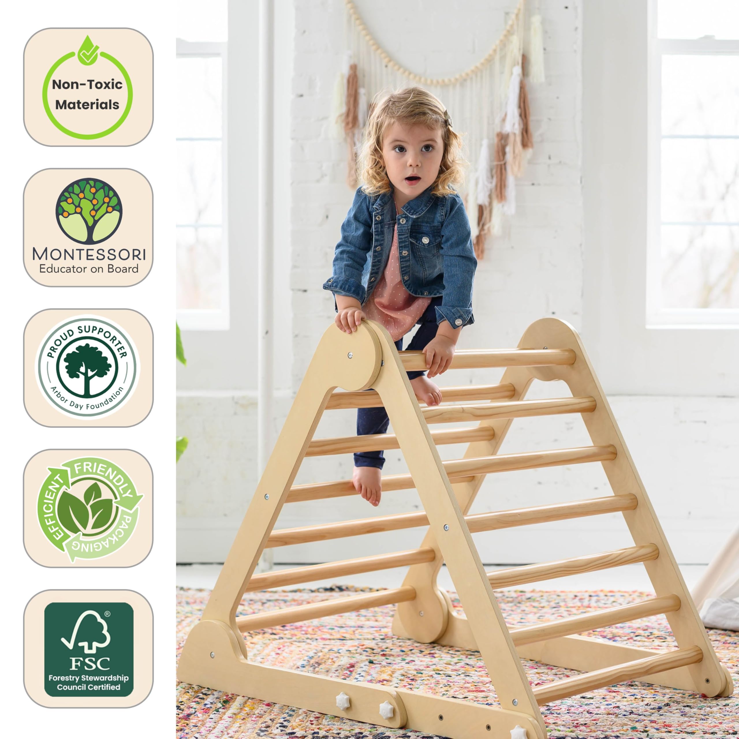 Costzon Juguete de escalada 4 en 1 para niños pequeños, trepador de triángulo de madera Montessori de 3 lados con rampa deslizante, red de escalada y tabla, niños y niñas, para