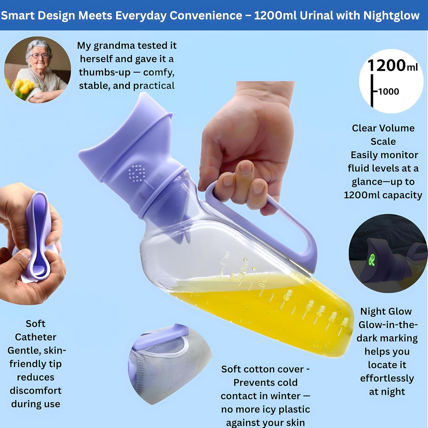 Portable Urinals for Women, 1200ml Nightglow Female Urinal with Upgraded Soft Rubber & Spill-Proof Lid – Large Capacity Pee Bottle Bed Pan for Elderly, Hospital, Travel, and Bedside Use