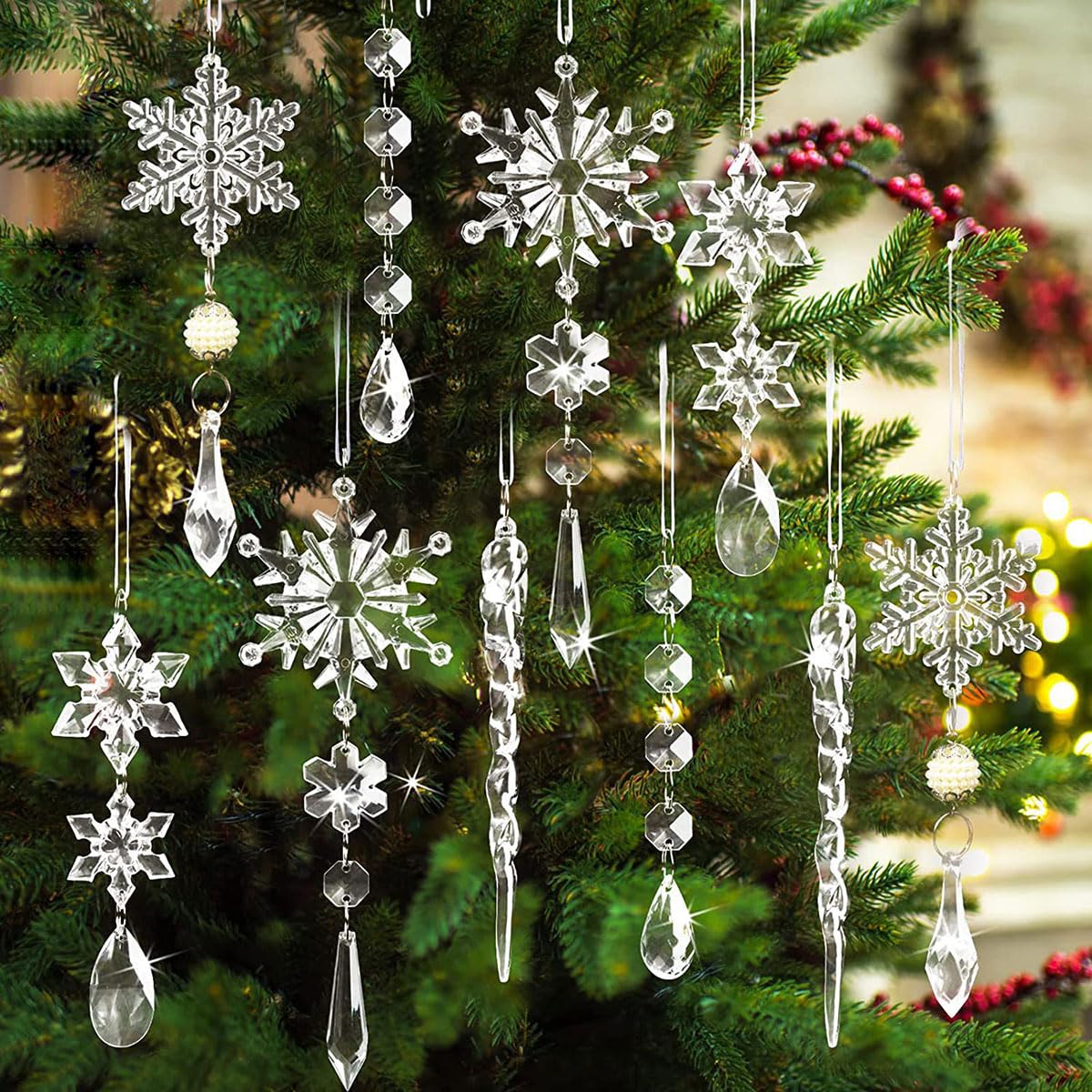 Christmas Tree Ornaments, 10PCS Acrylic Snowflakes for Chritsmas Tree Decoration, Artificial Icicles Decoration Set for Xmas Home Decor, Crystal Drop Pendants for New Year Party Decorations Supplies
