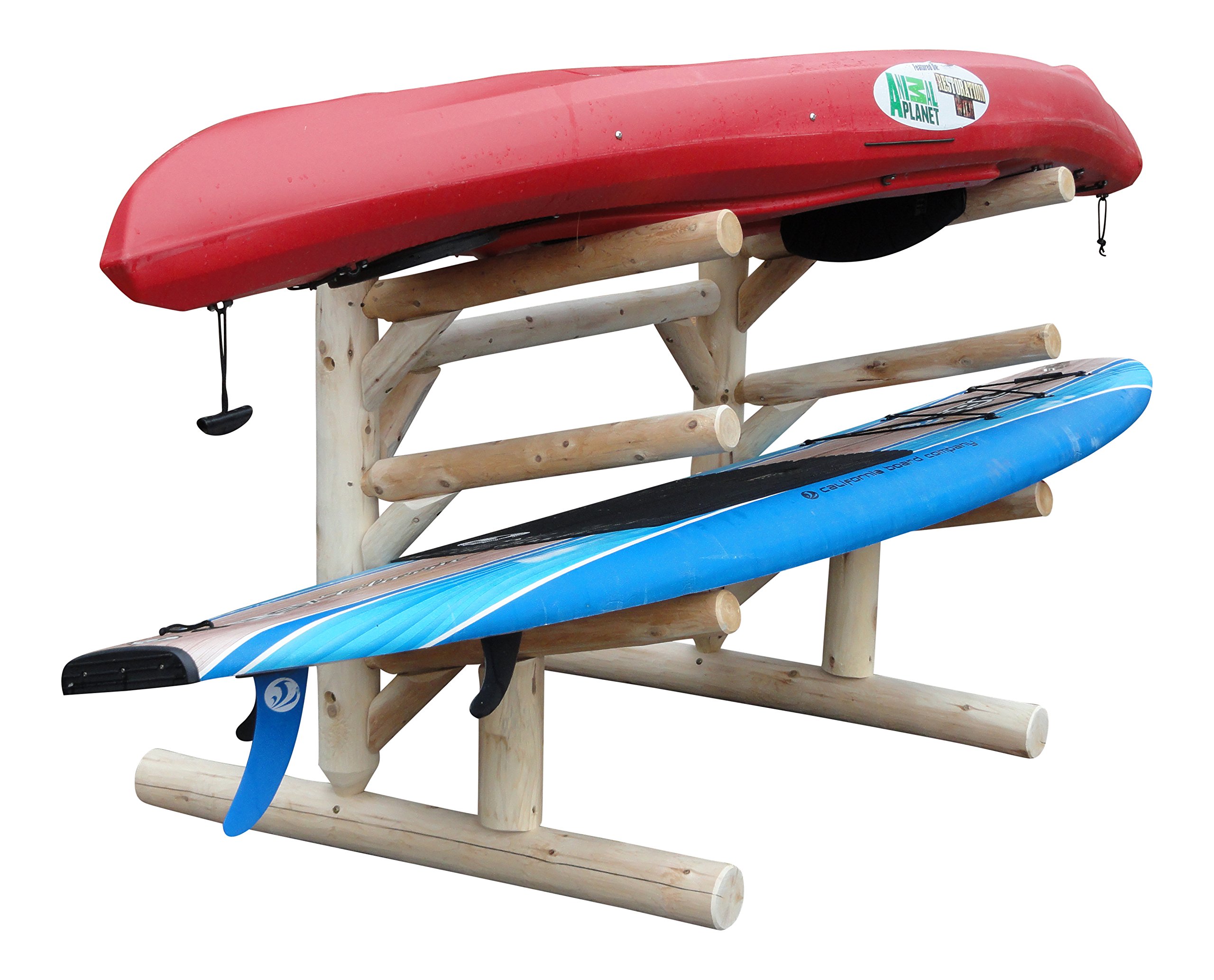 Log Kayak Rack 3-Place, One-Sided SUP Log Rack, Paddle Board Holder, Kayak Holder for Outside, Surfboard Stand, Paddle Boat Storage, Freestanding for Kayaks SUP Boards - Unfinished