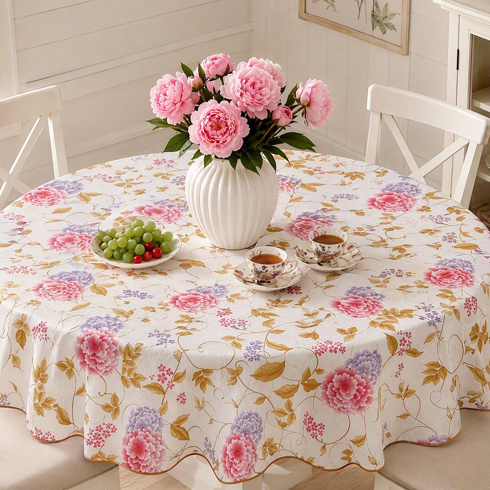 Msjuwek Floral Round Tablecloth Wipe Clean 135cm Waterproof PVC Circular Table Cover Stain Resistant Reusable for 3-5 Seater Dining Kitchen Patio Garden Party Home Decor Pink Peony