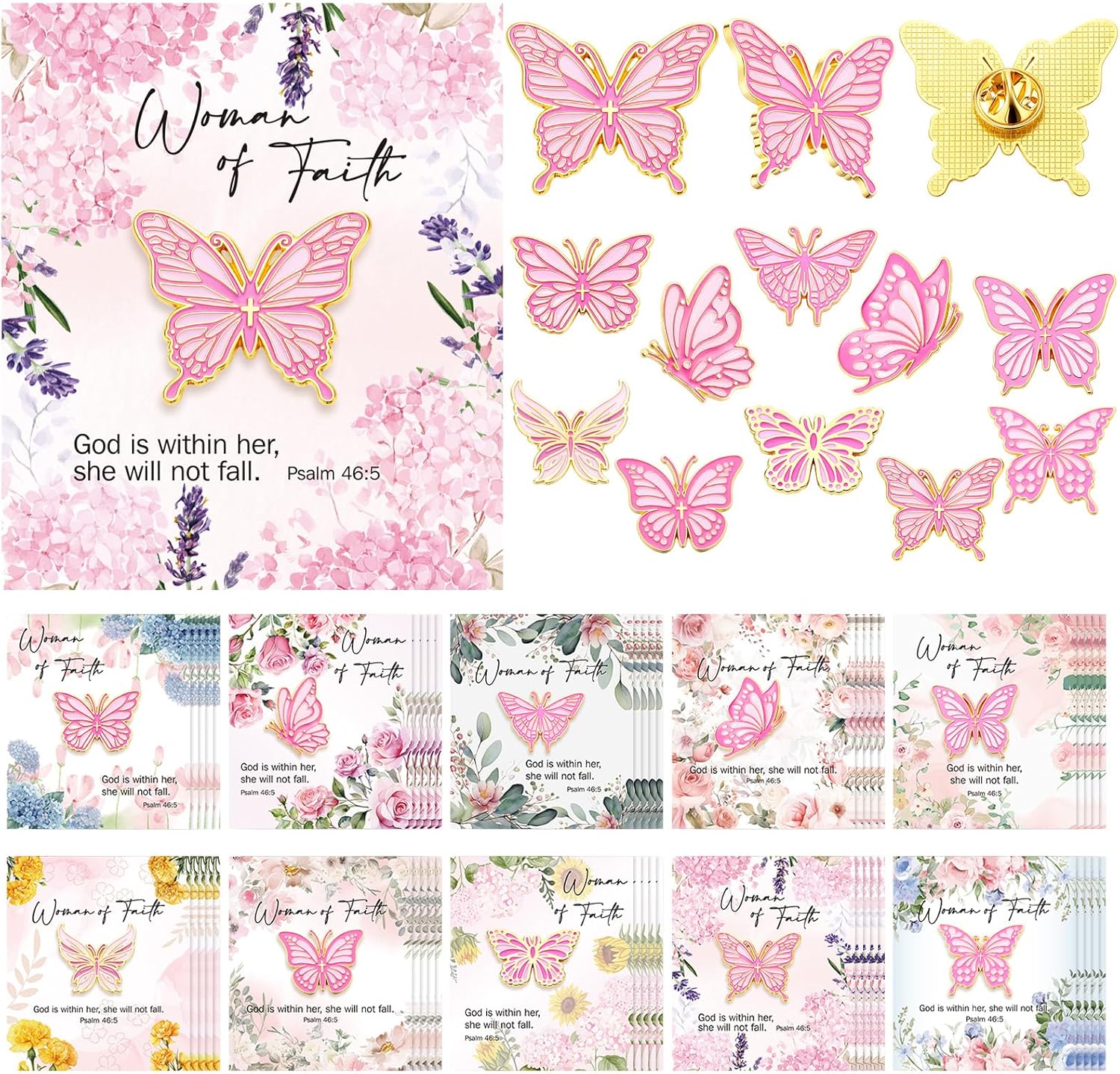 Cunno 50 Sets Woman of Faith Enamel Pins with Bible Verse Cards - Pink Butterfly Christian Gifts for Church Women Favors