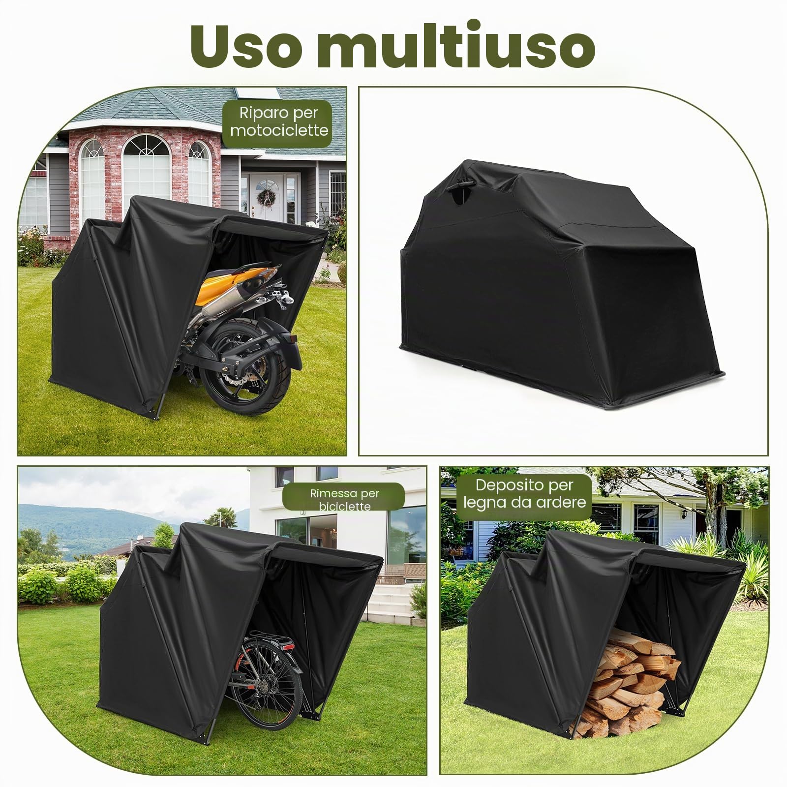 SOARS Casetta da giardino 342 x 137 x 193 cm, copertura per moto da esterno in tessuto Oxford impermeabile, base in metallo, costruzione stabile, finestra arrotolabile, per moto, bicicletta, giardino