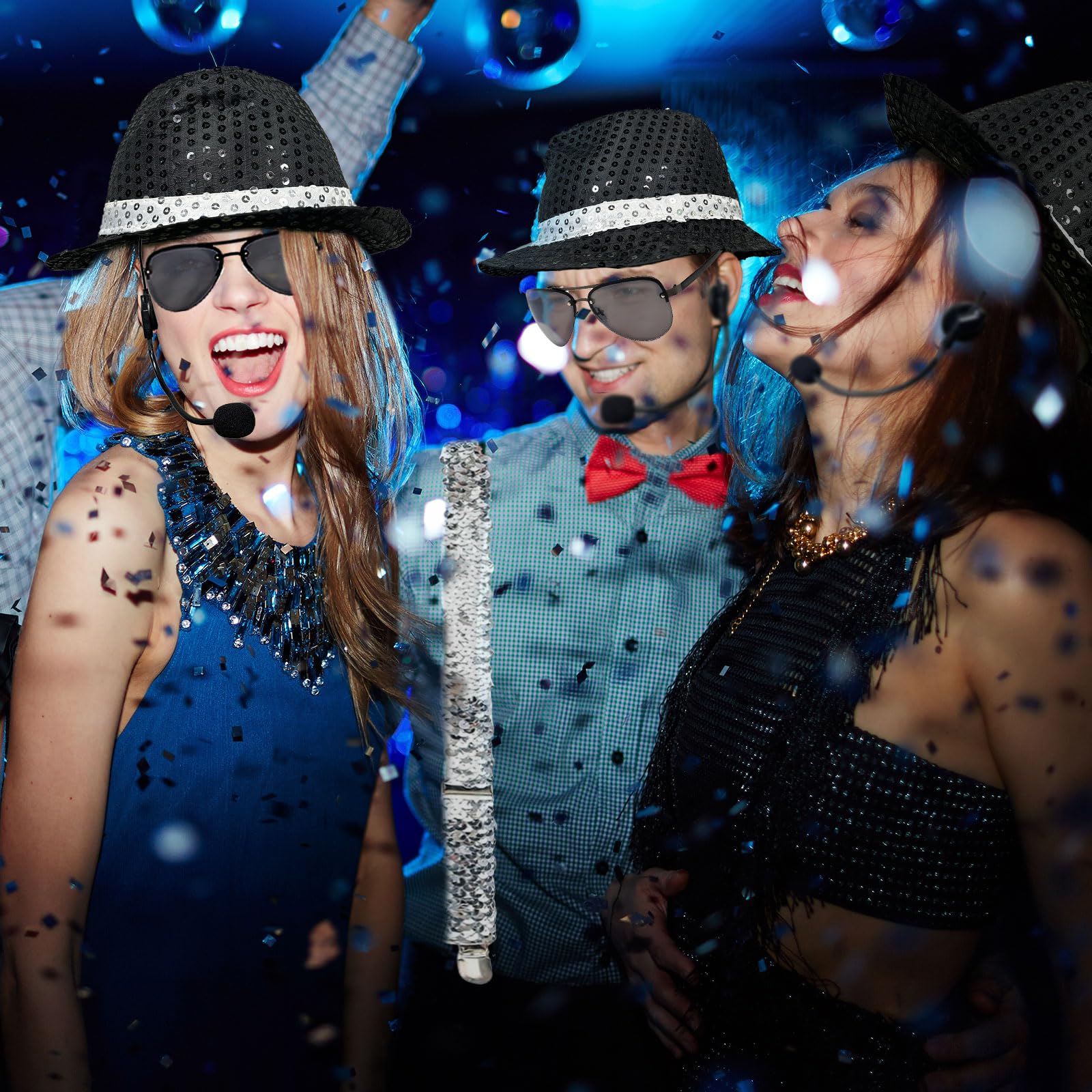TUONYIS 7 Pcs Jazz Dance Costume Accessories, Sequins Gloves Sequin Hat Head Microphone Sunglasses Sequin Sock - Image 3