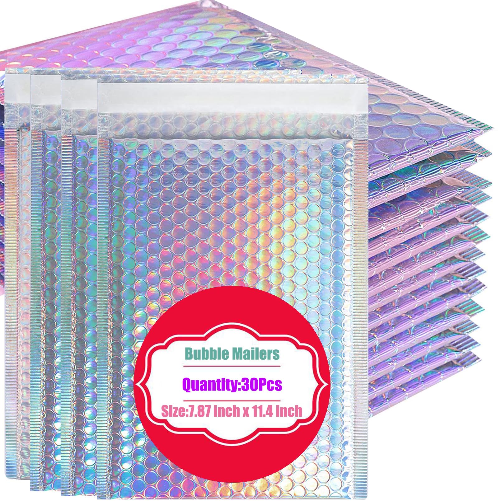 xlehoely 30 PCS Metallic Bubble Mailers,Poly Padded Envelopes,Holographic Bubble Mailers,Waterproof Shipping Bags,Self Seal Foil Glitter Glamour