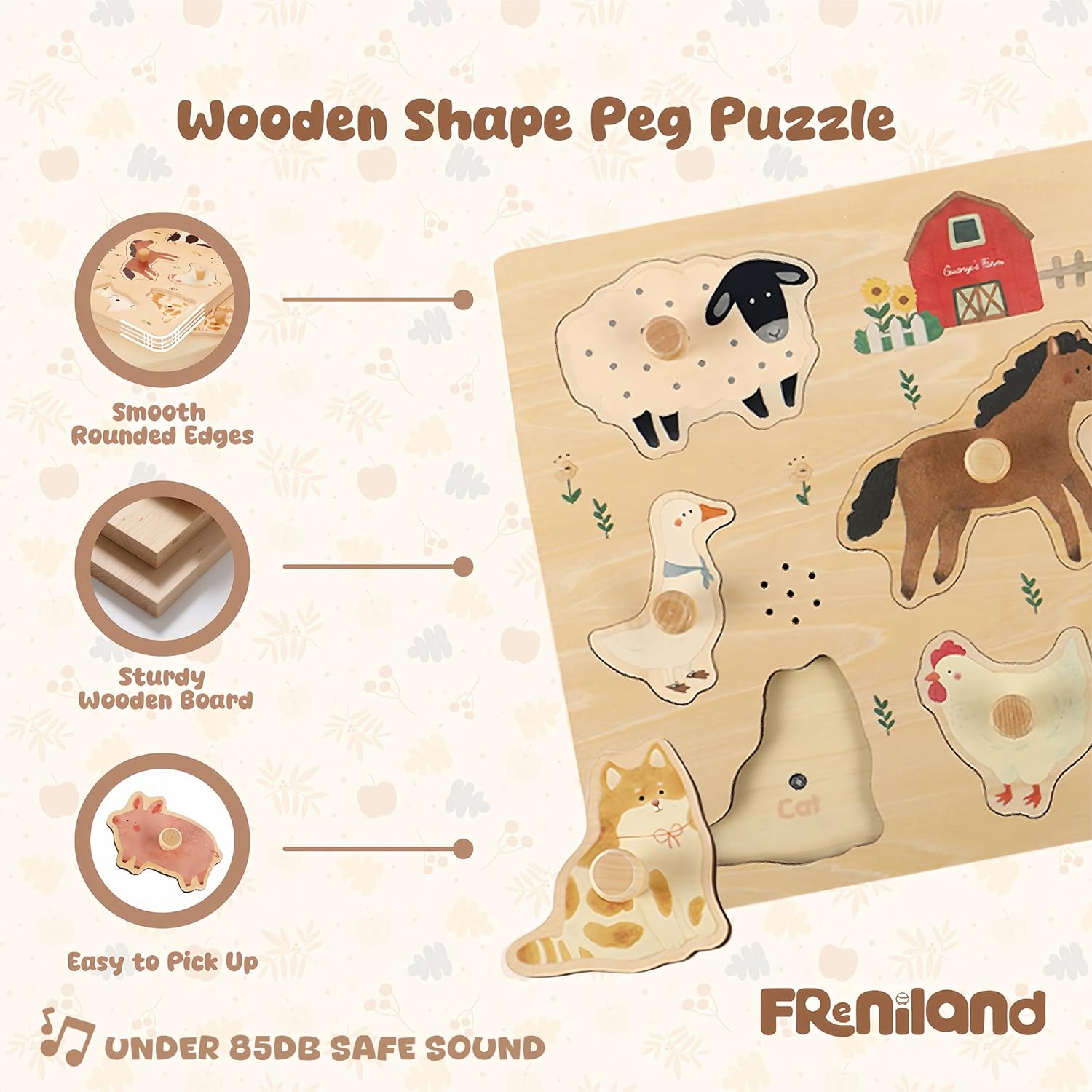 Freniland Farm Sound Puzzle for Toddlers, Wooden Farm Animal Puzzle with Realistic Sounds, Montessori Learning Toy for 18M+