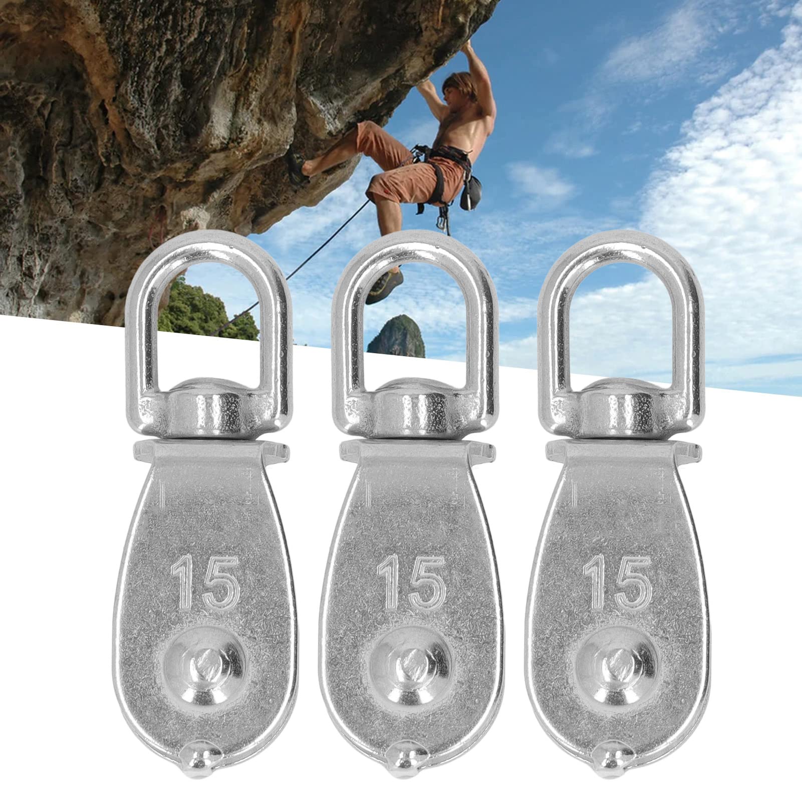 3PCS M15 Wire Rope Crane Pulley Block, Stainless Steel Single Pulley Block Hanging Heavy Duty Wire Towing Wheel Single Wheel Swivel Rigging for Camping Hiking,35kg
