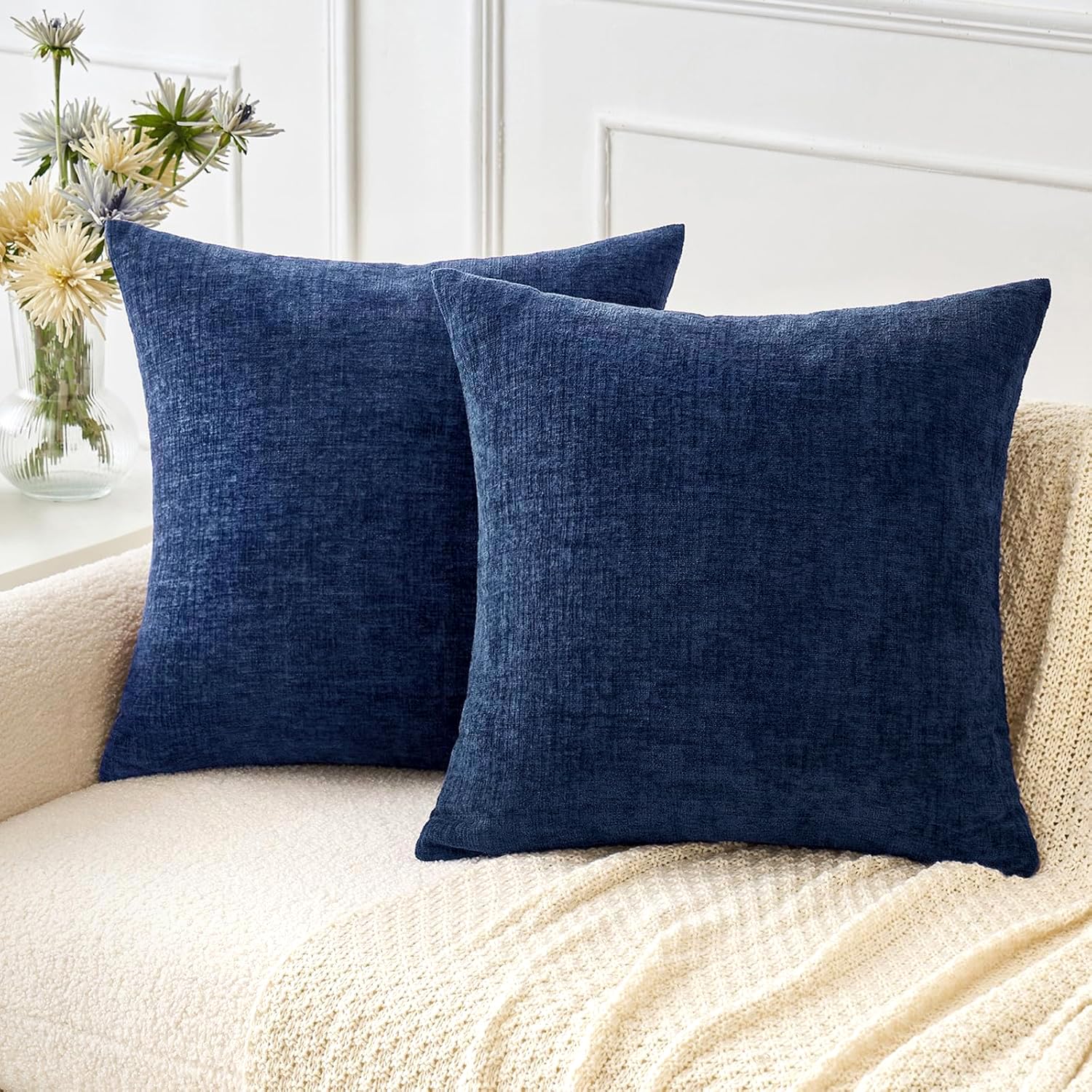 MIULEE Pack of 2 Couch Throw Pillow Covers 18x18 Inch Spring Soft Navy Chenille Pillow Covers for Sofa Living Room Solid Dyed Pillow Cases