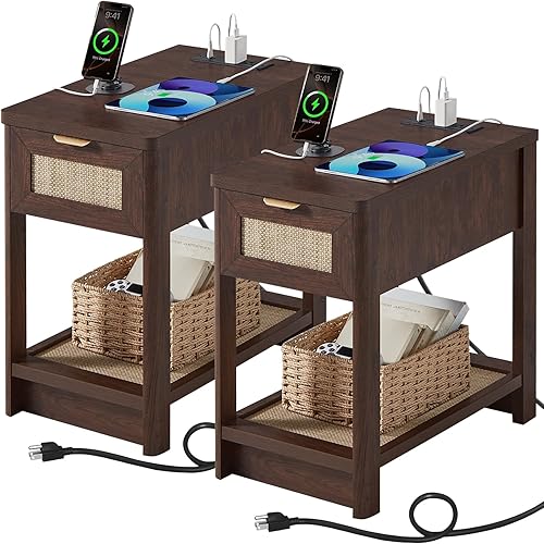 Miniatura 13 de Lerliuo Juego de 2 mesitas de noche de ratán, mesita de noche estrecha con estación de carga, mesa auxiliar de cama bohemia con cajón estante de