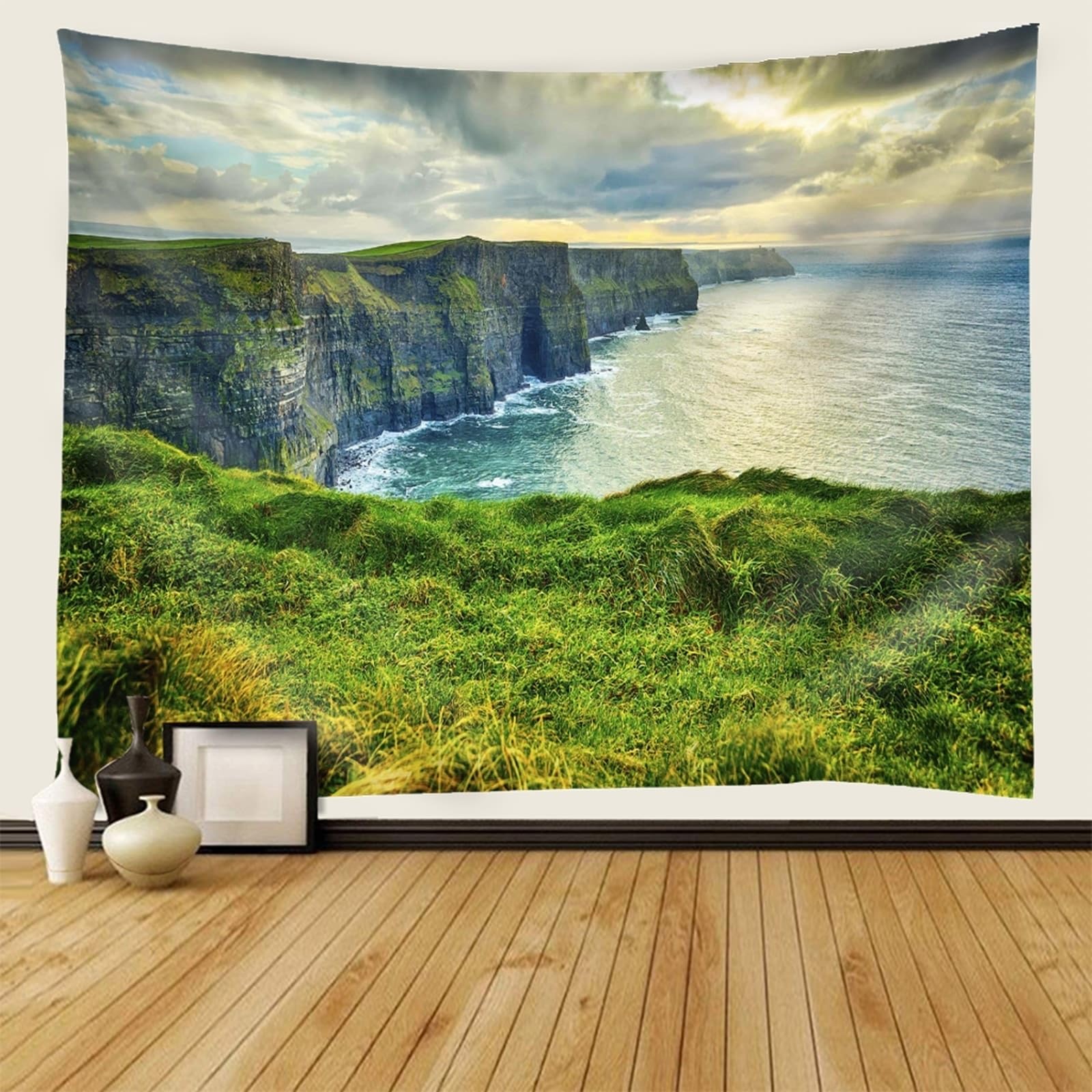 Skcess Zielone gobeliny do salonu poliester, morski naturalny krajobraz jadalnia gobelin 260 x 240 cm