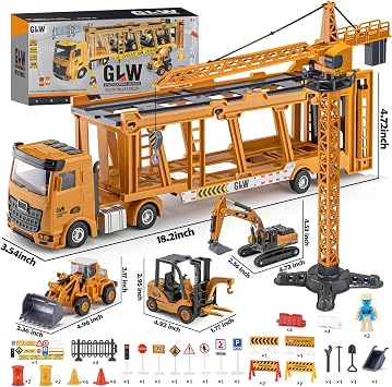 Die-cast Construction Truck Toys Set w/Crane, Excavator, Forklift,Bulldozer, Alloy Engineering Construction Vehicles Toys w/Lights & Sounds, Construction Vehicle for Boys Gifts