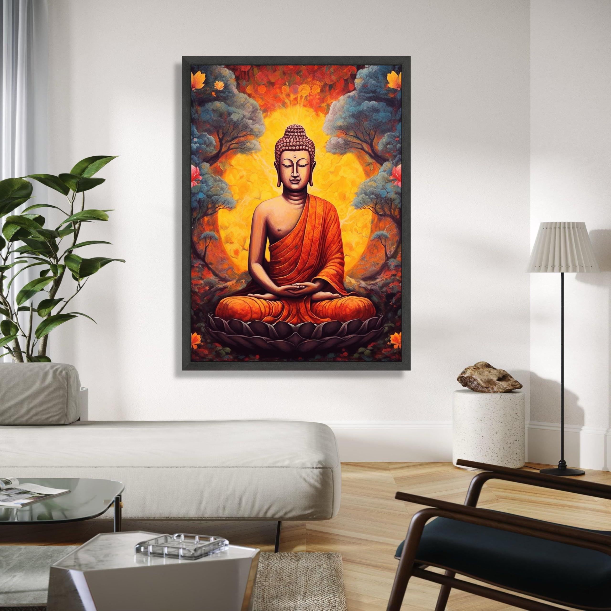 Quadro su tela raffigurante il Buddha meditativo, decorazione per meditazione spirituale, dipinto del Buddha in veste arancione, arredamento zen per la casa, stampa poster (50x70 cm/cornice interna)