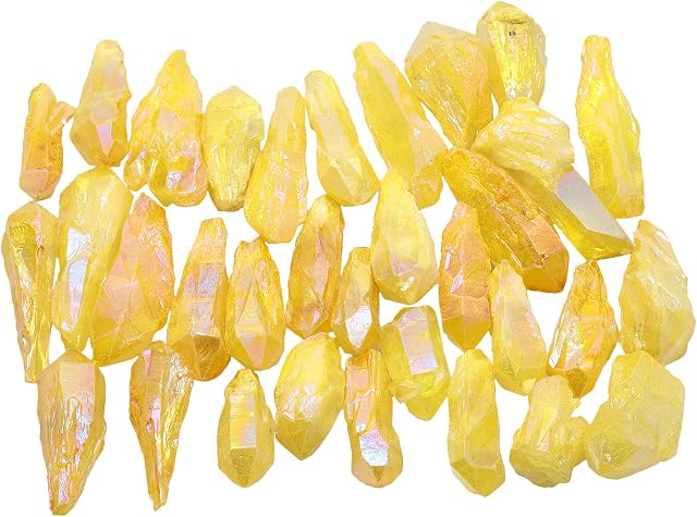 mookaitedecor 460 Gram Bulk Titanium Coated Rock Quartz Crystal Points Irregular Undrilled Rock for Decor Reiki Healing DIY, Yellow
