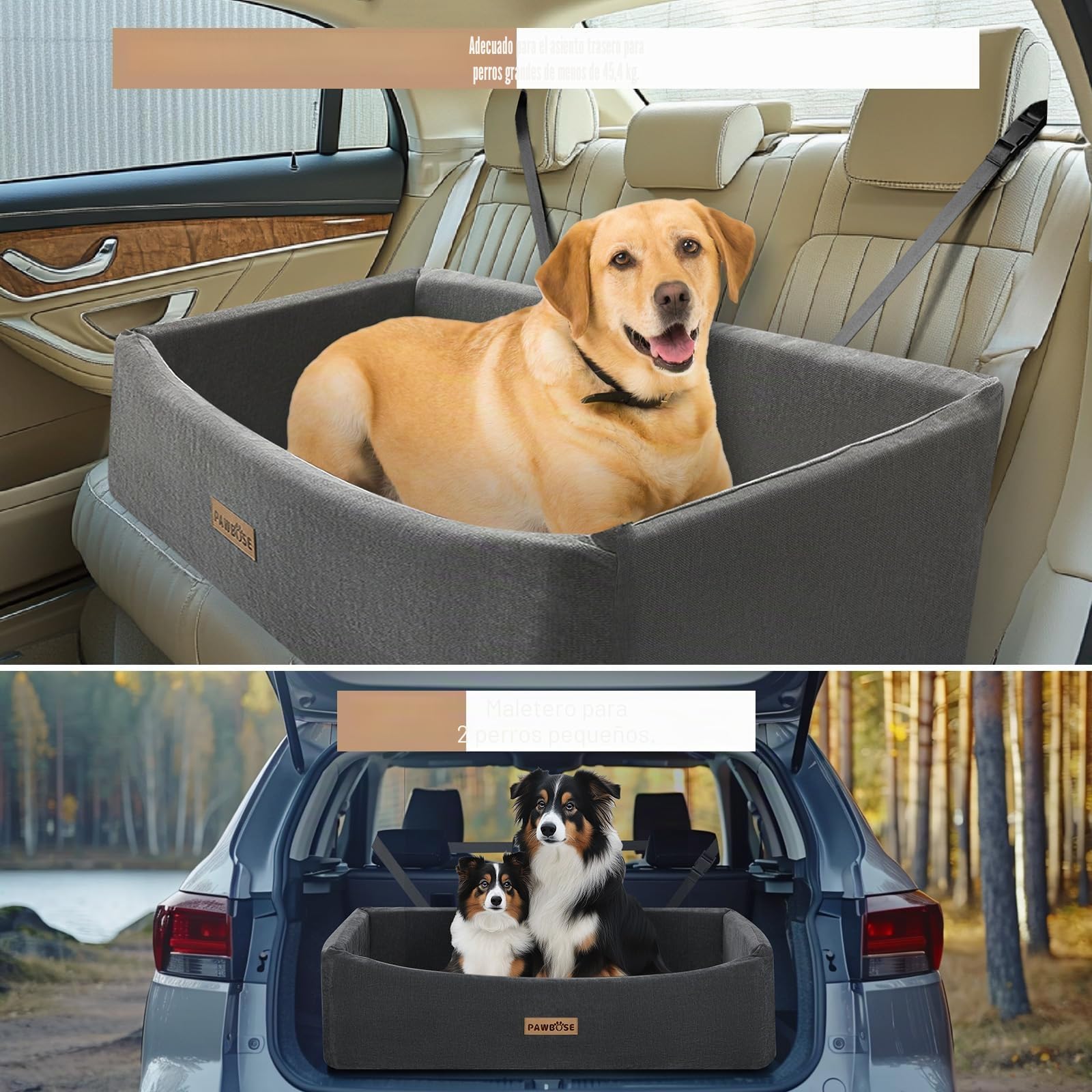 Asiento de Coche para Perros Grandes de hasta 45kg, Cama de Coche para Perros Gris con cinturón de Seguridad, Asiento de Coche Elevador Lavable para Perros