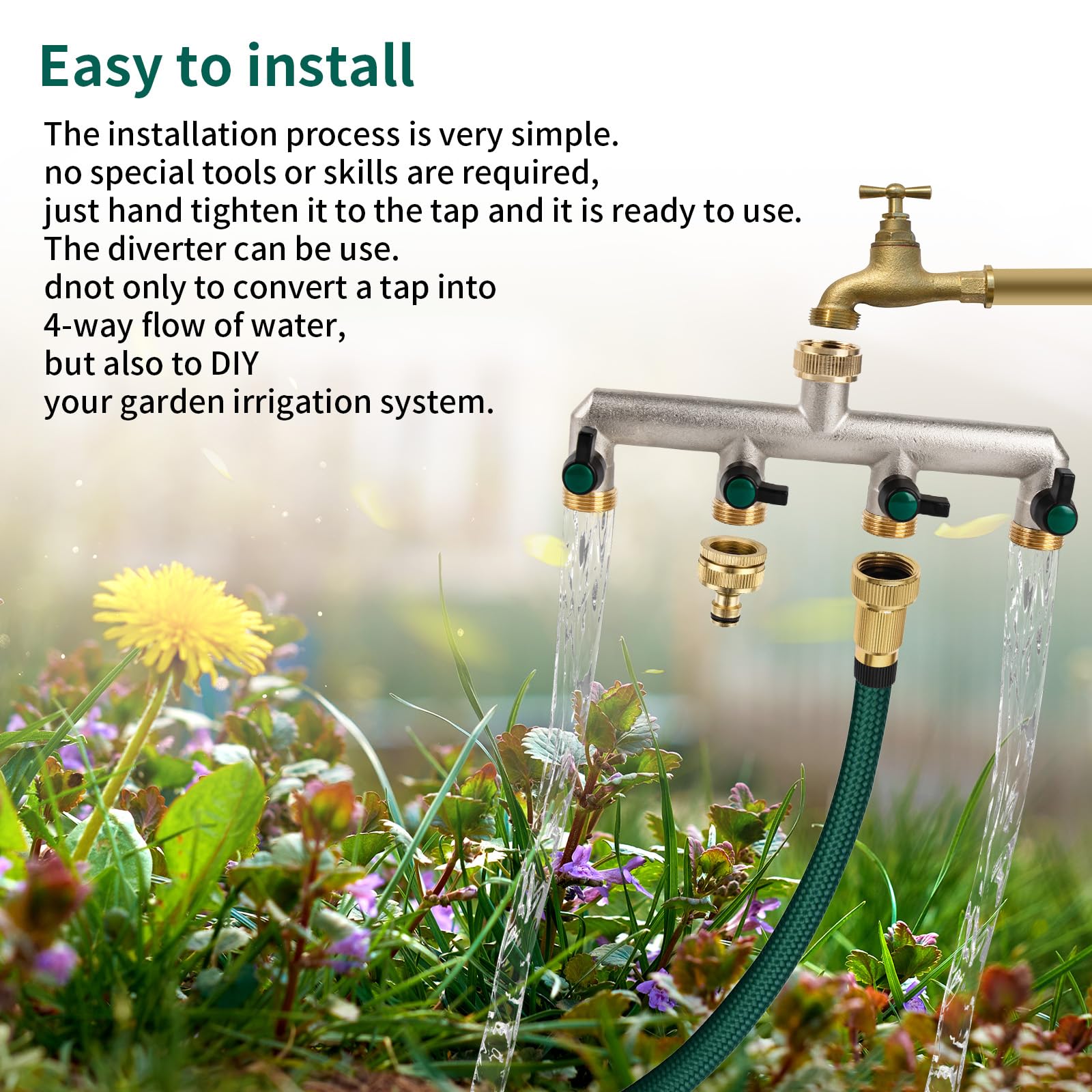 Tesmotor Conector de 2/3/4 Vías Adaptador para Grifo Doble, Divisor de Manguera de 2/3/4 Vías para Jardín, Regulador de Flujo de Agua, Válvula de Latón en T (4 Vías)