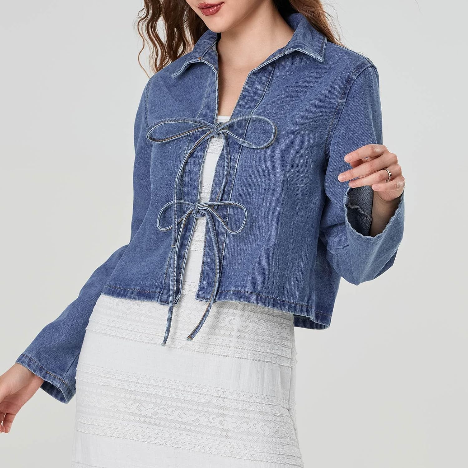 Women's Tie Front Cropped Denim Jacket Shirt Trendy Long Sleeve Jean Jacket Coat Fall Winter Outfit Clothes